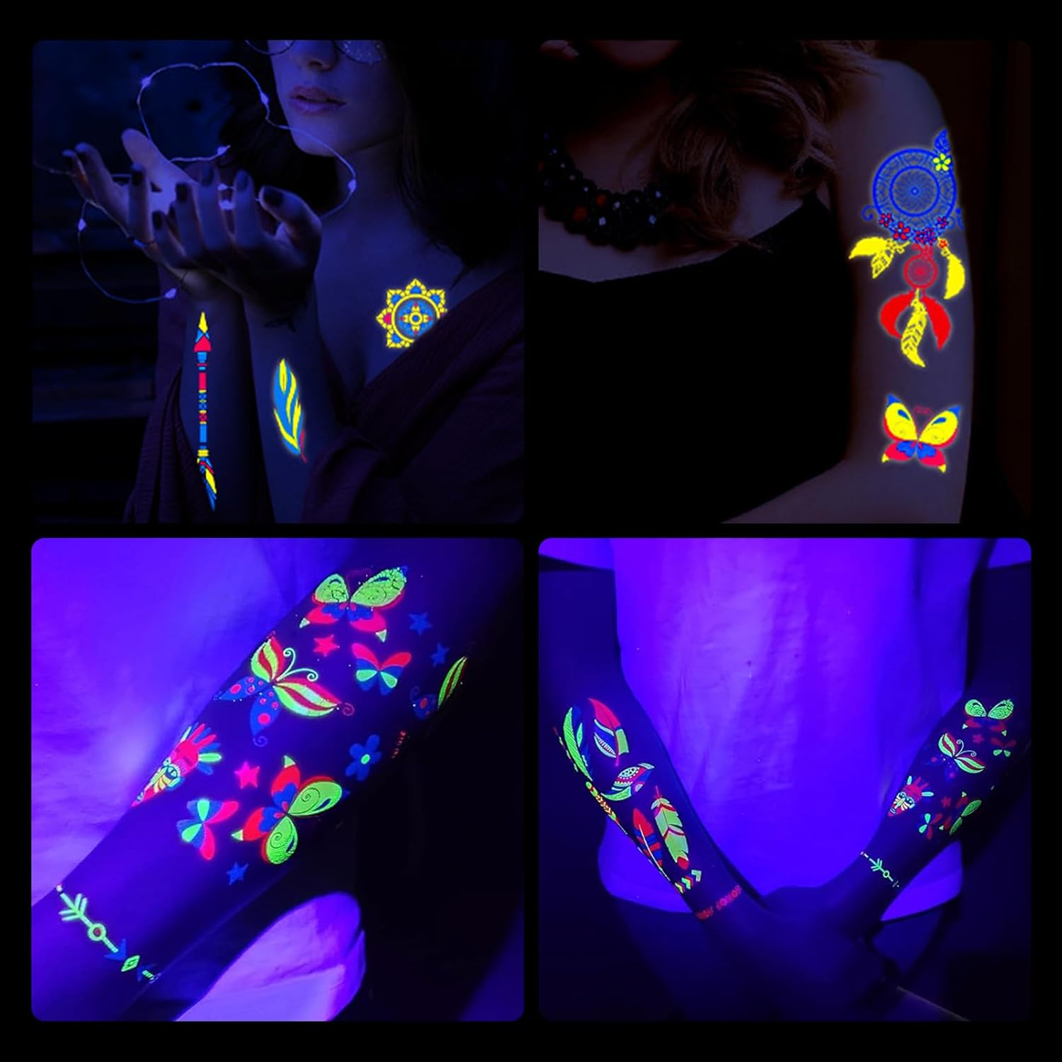 Glow in Dark Temporary Tattoo Stickers, 20 Sheets 170+Styles UV Neon Luminous Fluorescent Water Transfer Tattoos for Women, Men, Kids, Adults, Music Concerts, Raves, Festivals, Dark Party Supplies image number 5