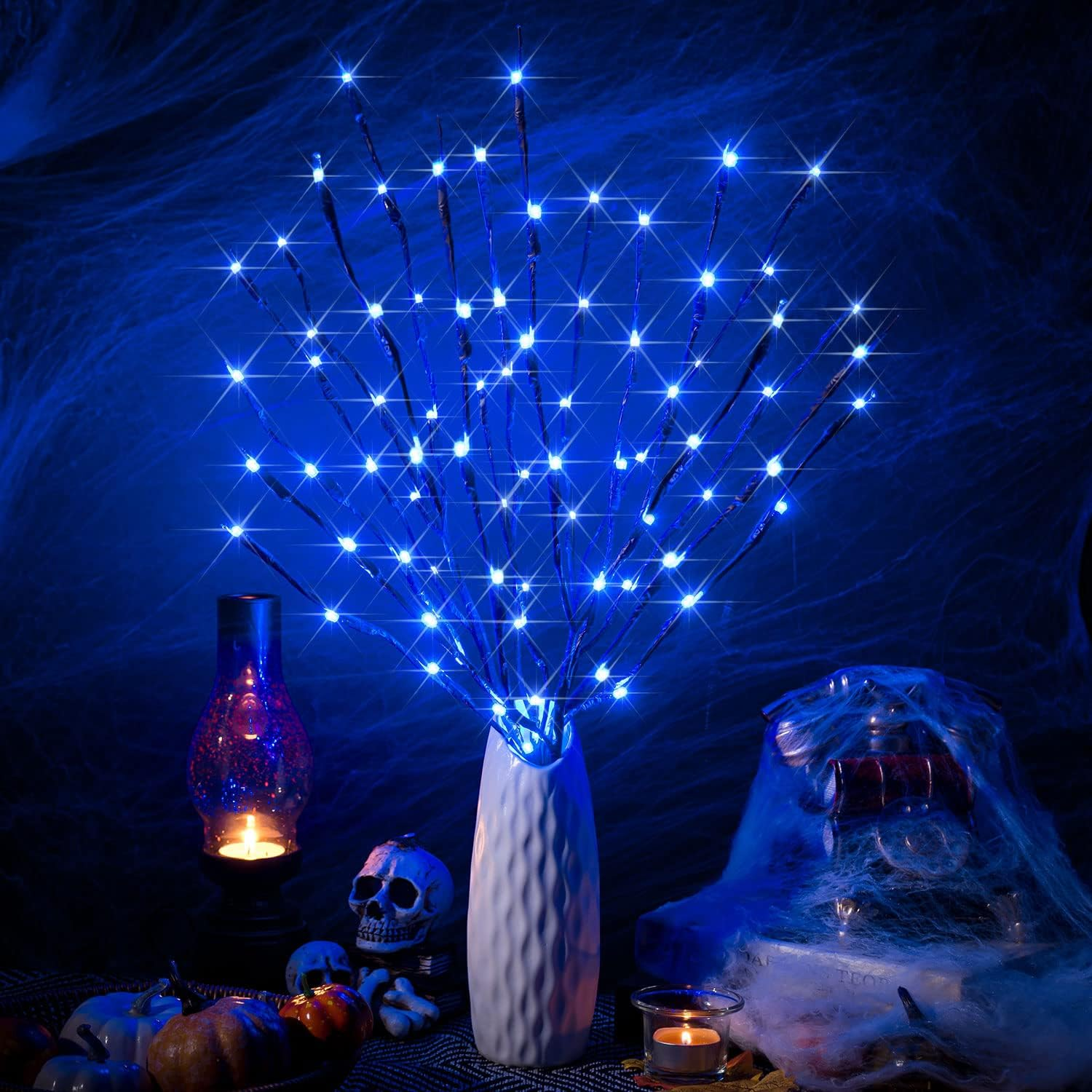 Twig Lights, 3 Pack Lighted Branches for Vases with 60 Bright Bulbs, Bendable Battery Branch Lights for Halloween, LED Lighted Willow Branches for Halloween Home Decorations (Blu-Ray) image number 4