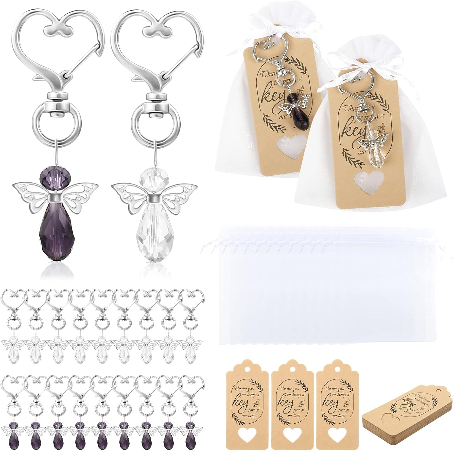GWHOLE 20 Sets Angel Keychain with Organza Bags & Thank You Tags Baby Shower Return Gifts for Guests Baptism Favors Angel Wings Pendant for Baby Shower, Bridal Shower, Wedding - Purple & Clear image number 5