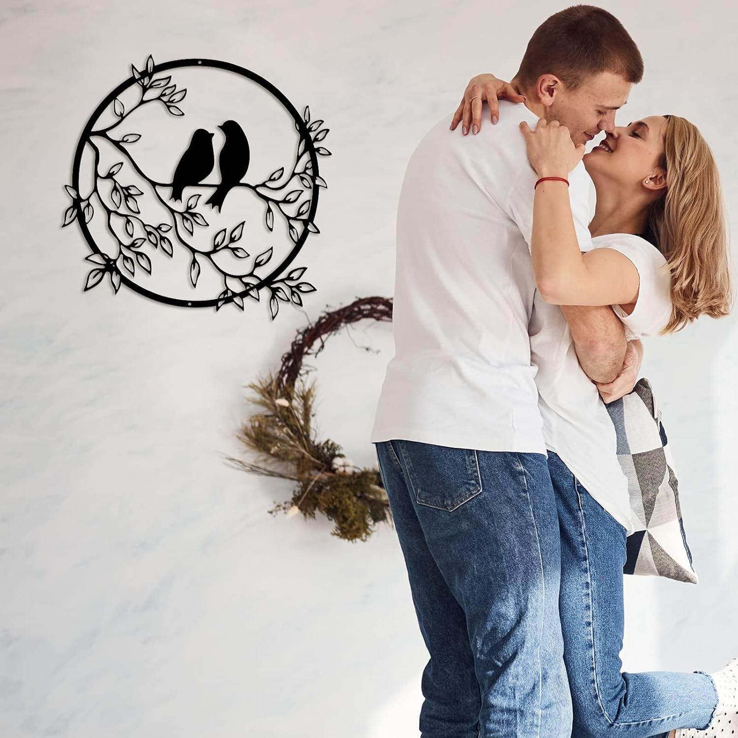 Metal Wall Art, Bird on Tree Branch, Metal Bird Wall Silhouette Bird Wall Art Decor for Living Room Garden Bedroom Office Home Wall Housewarming Party Decor (Black)