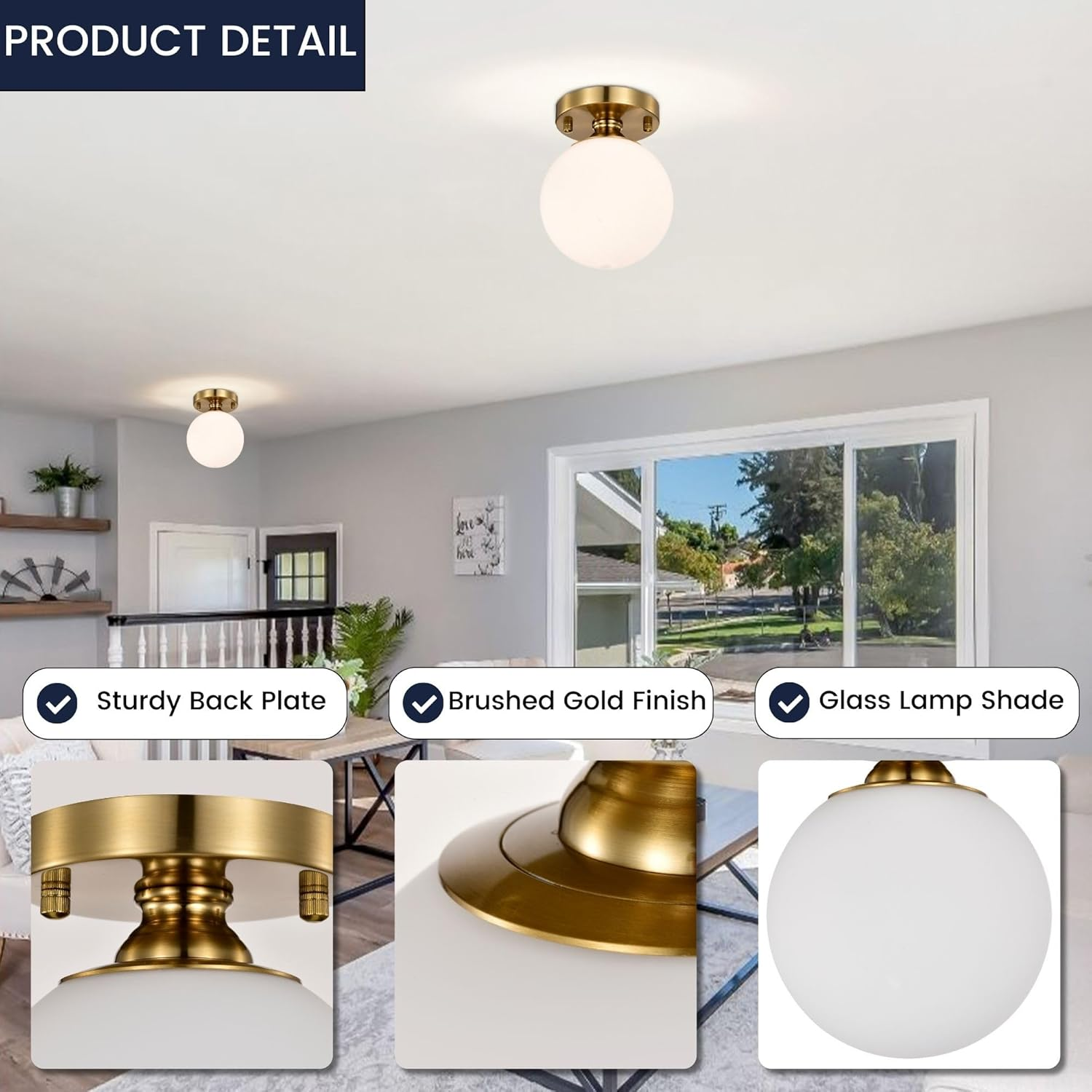 Gold Semi Flush Mount Ceiling Light 15Cm Globe Opal Glass Shade Mid Century Modern Hallway Light Fixture for Entryway Closet Bathroom Bedroom Laundry Room Easy Install