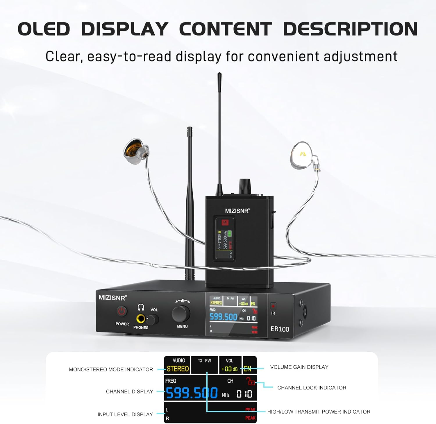 MIZISNR Wireless in Ear Monitor System, Pro UHF Mono Stereo IEM System with Metal Transmitter, 1 Bodypack Receivers W/Monitor Earphones