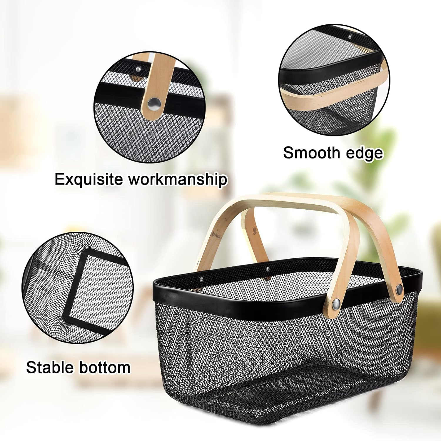 Portable Garden Harvest Basket-Mesh Design Natural Bamboo Handle Wire Storage Baskets,Mesh Basket with Handle Organize Items Reduce Space Occupation,Suitable for Kitchen,Garden,Picnic(Black) image number 1