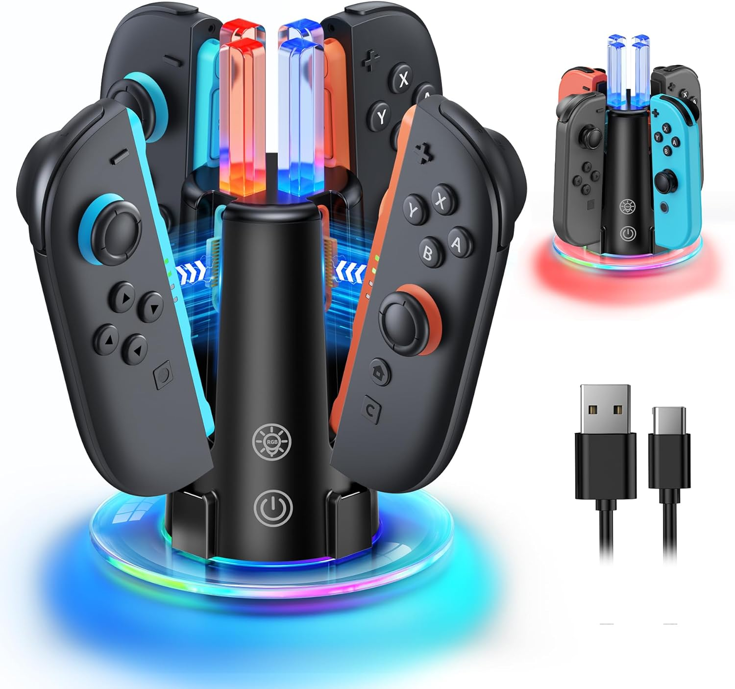 [Switch 2/1 Both] Controller Charger Dock Station, 8 in 1 Dual-Direction Magnetic Vertical Charging Stand for Joycon 2 Witch Transparent Acrylic Display Base & LED Indicators for Nintendo Switch 2/1 image number 6