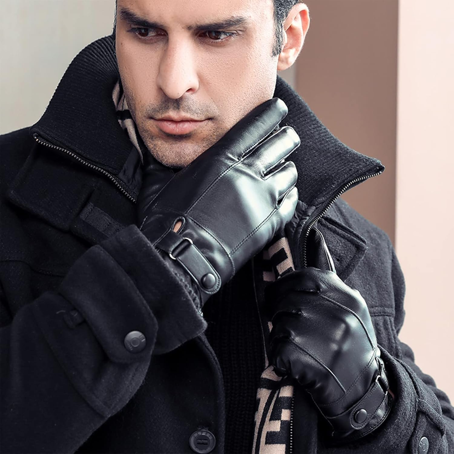 LJCZKA Black PU Leather Winter Gloves for Men, Touch Screen Winter Thermal Gloves Fleece Windproof Texting Driving Cycling