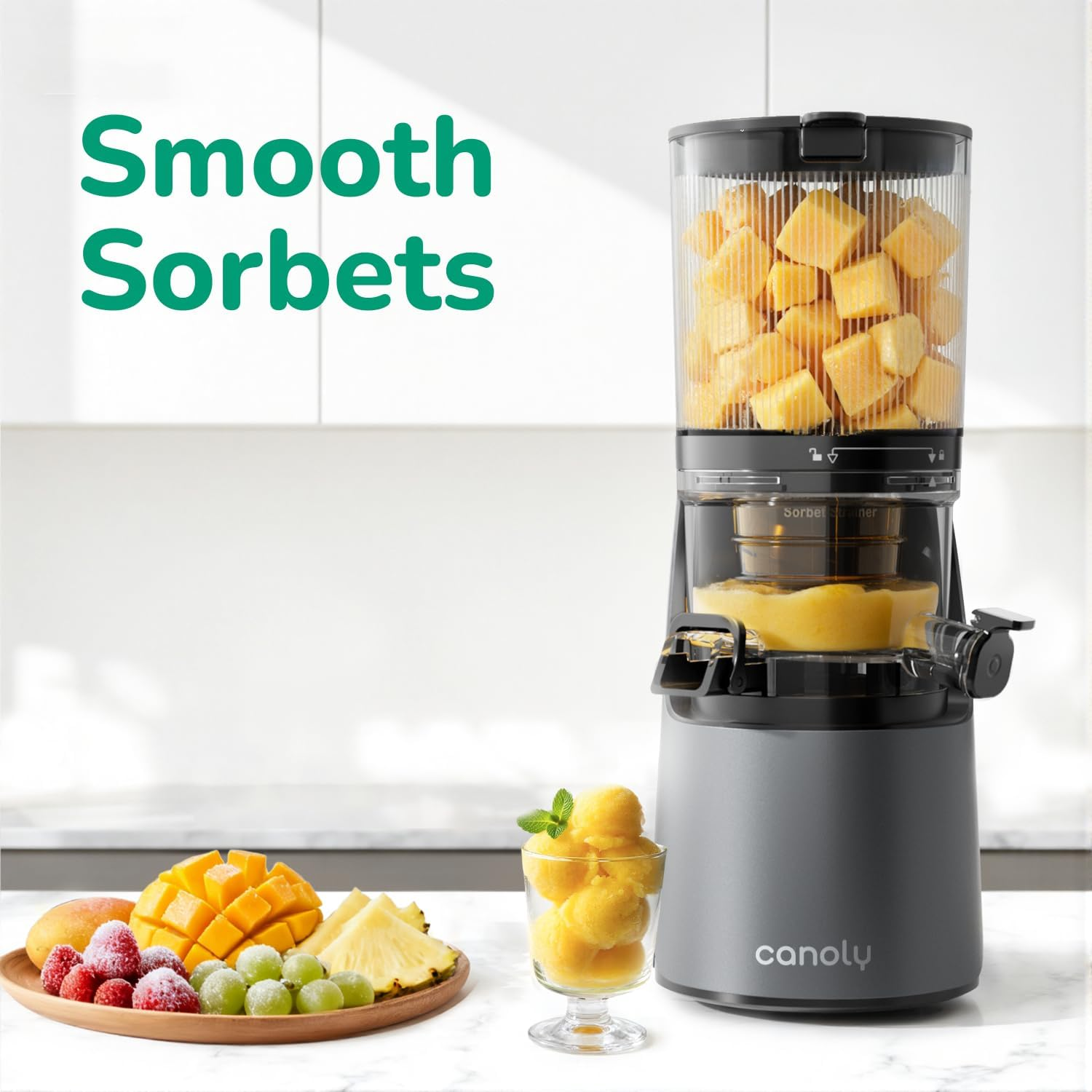 Canoly Cold Press Juicer Machines,150Mm Wide Chute with Dual Strainers for Juice & Sorbet Masticating Juicer Powerful AC Brushless Motor, Self-Prepping Anti-Clog System and BPA Free, Space Gray image number 1