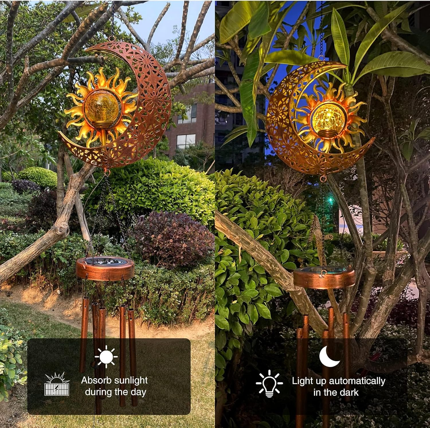 Solar Wind Chimes for Garden - LED Cracked Ball Light with Moon & Sun Design, Waterproof Outdoor Decor image number 4