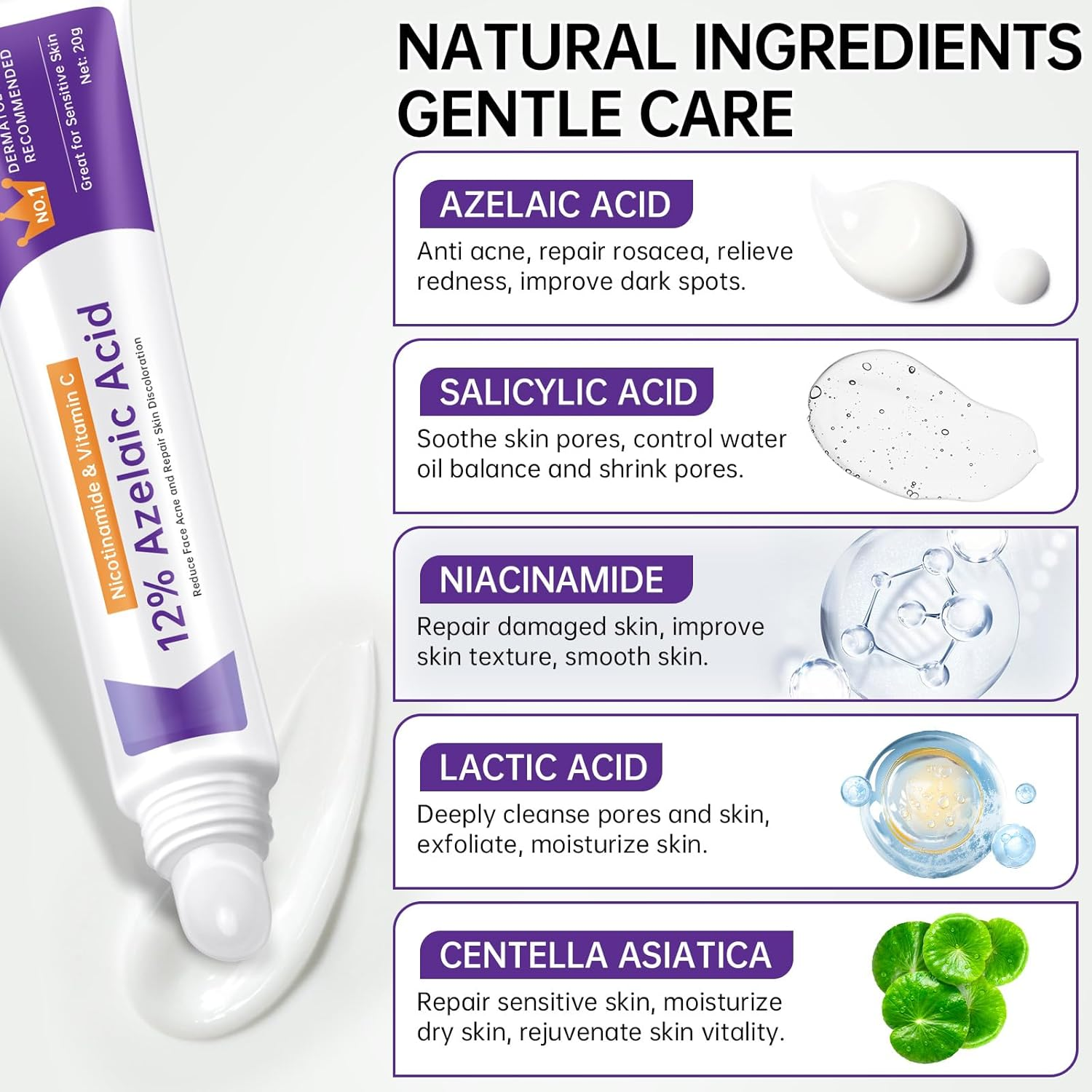 Azelaic Acid 12% Acne Cream,Azelaic Acid Serum with Niacinamide & Vitamin C Reduces Redness,Acne,Soothes Irritation,Azelaic Acid for Facial Exfoliation, Blackheads & Scars, 20G