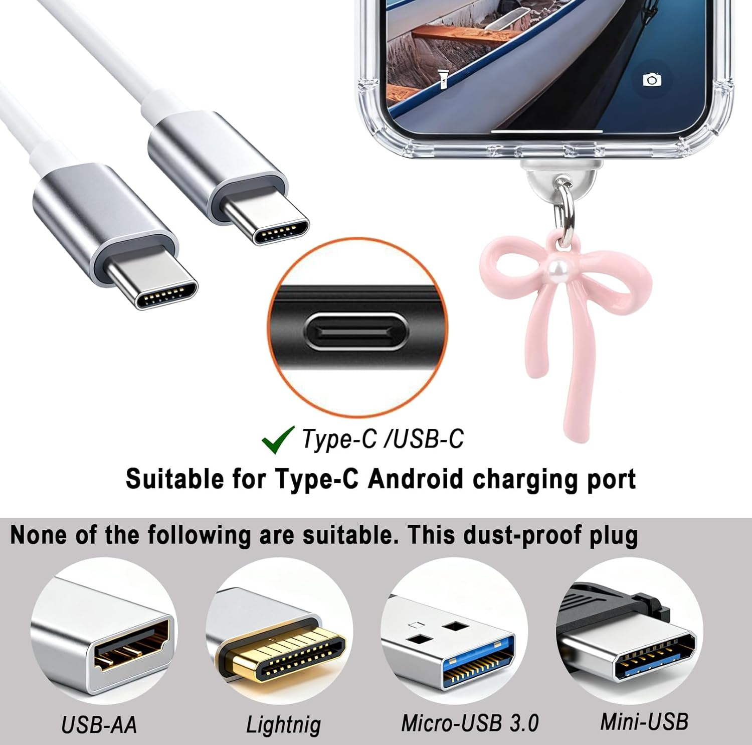 Ozessence 6 Pcs USB-C Dust Plug, Bow-Knot Type-C Anti-Dust Protection Plugs Suitable for Iphone 14/15/16 Pro Max Samsung Galaxy Tablet for All Type-C Ports with Cleaning Brush(Pink) image number 4