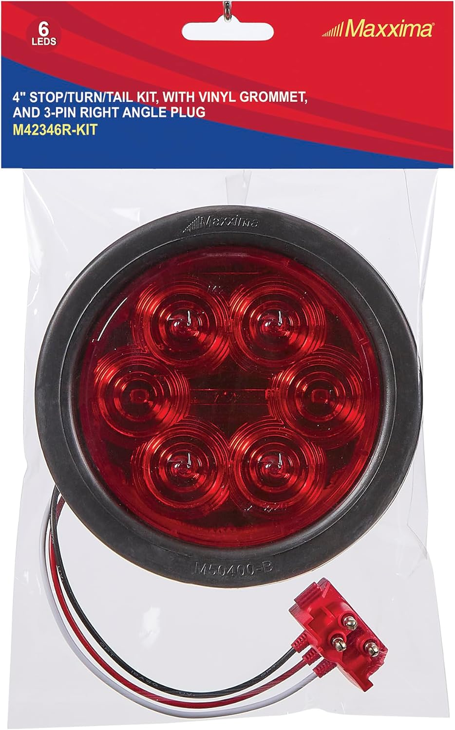 Maxxima 4" round Lightning Series Stop/Turn/Tail Kit with Grommet & Right Angle Plug for Trucks and Heavy Duty Vehicles, Red Lens