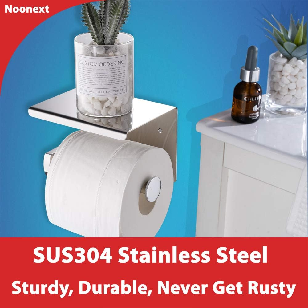 Toilet Paper Holder with Shelf Wall Mounted, Adhesive Toilet Paper Roll Holder, Stainless Steel Tissue Roll Dispenser Storage, Adhesive No Drilling or Drilling with Screws (Polished Chrome) - Gold image number 4