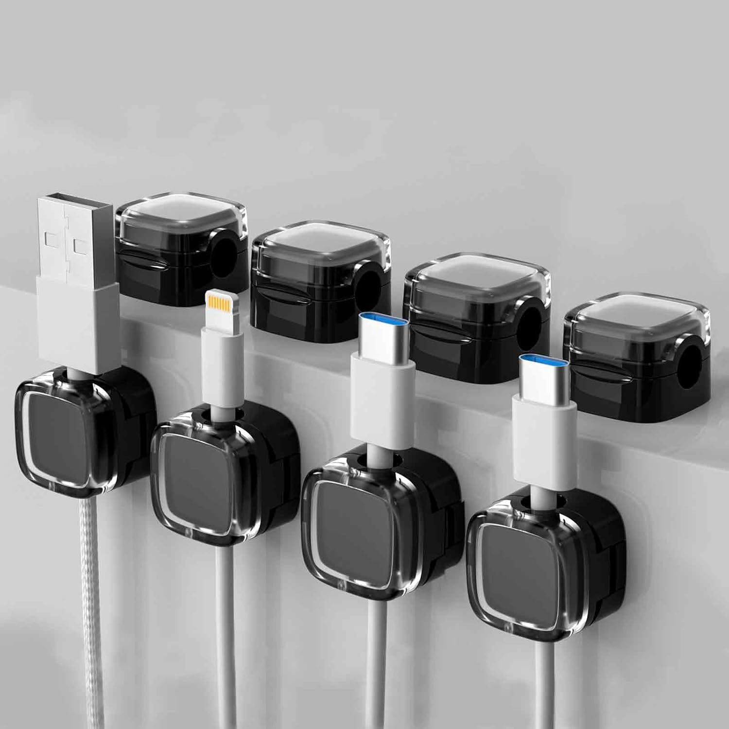 8-Pcs Cable Organiser, Magnetic Cable Holder & Clips with Strong Adhesive Strips, under Desk Cable Management for Phone Chargers, Office and Bedside (Black) image number 3