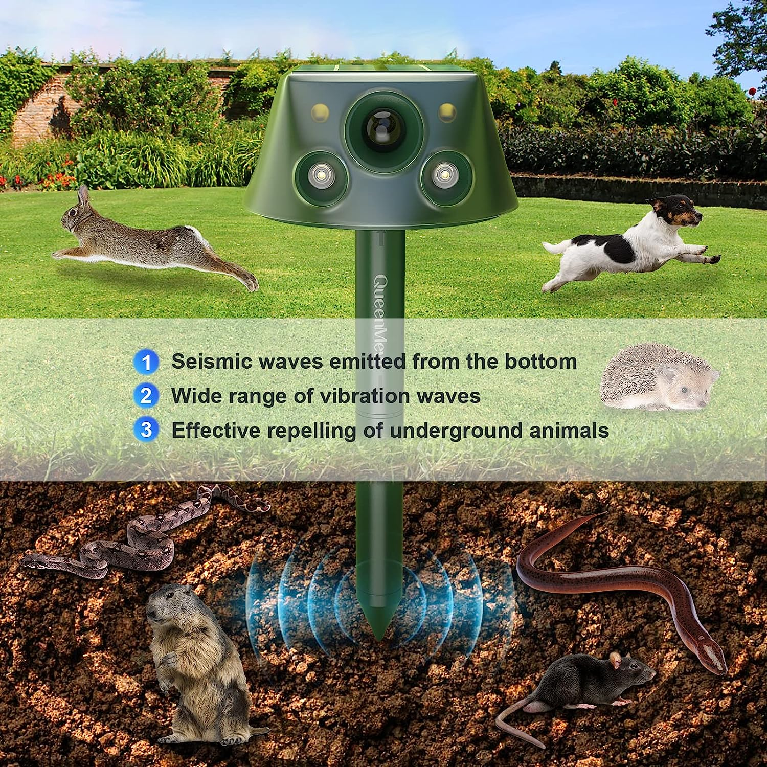 Solar Animal Ultrasonic Repeller, 240&deg; Ultrasonic Animal Repellent,Ipx66 Mole Repellent for Lawns Outdoor Solar Powered,Pest Control, Cat, Dog, Deer, Rabbit, Mice Repellent 40 FT PIR Sensor Repeller image number 5