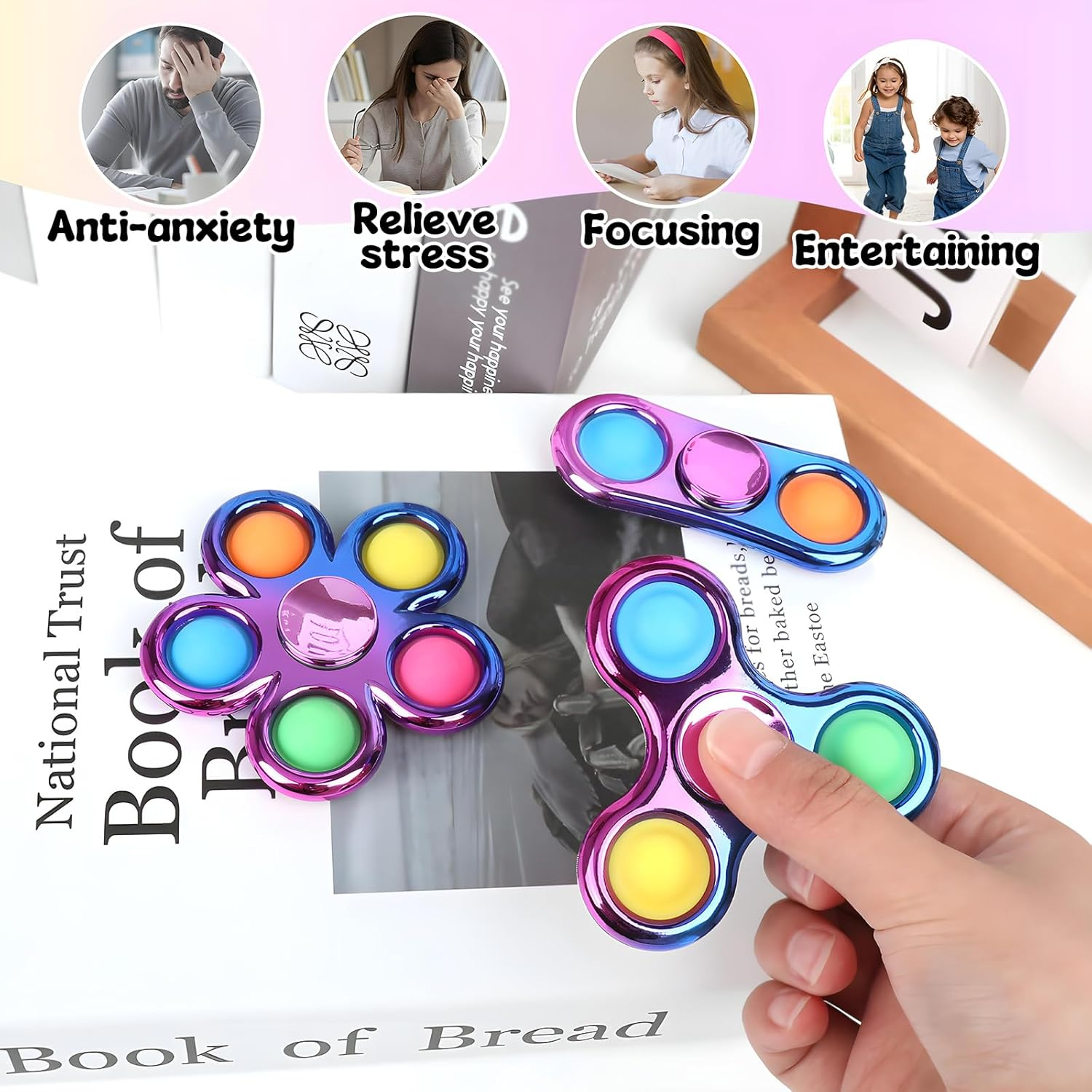3 Pack Pop Fidget Spinner Bulk for Kids Adults, Cool Pop It Hand Fidget Spinners, Rainbow Color Anxiety and Stress Relief Sensory Toys for Kids Party Favors Supplies Birthday Return Gifts image number 5