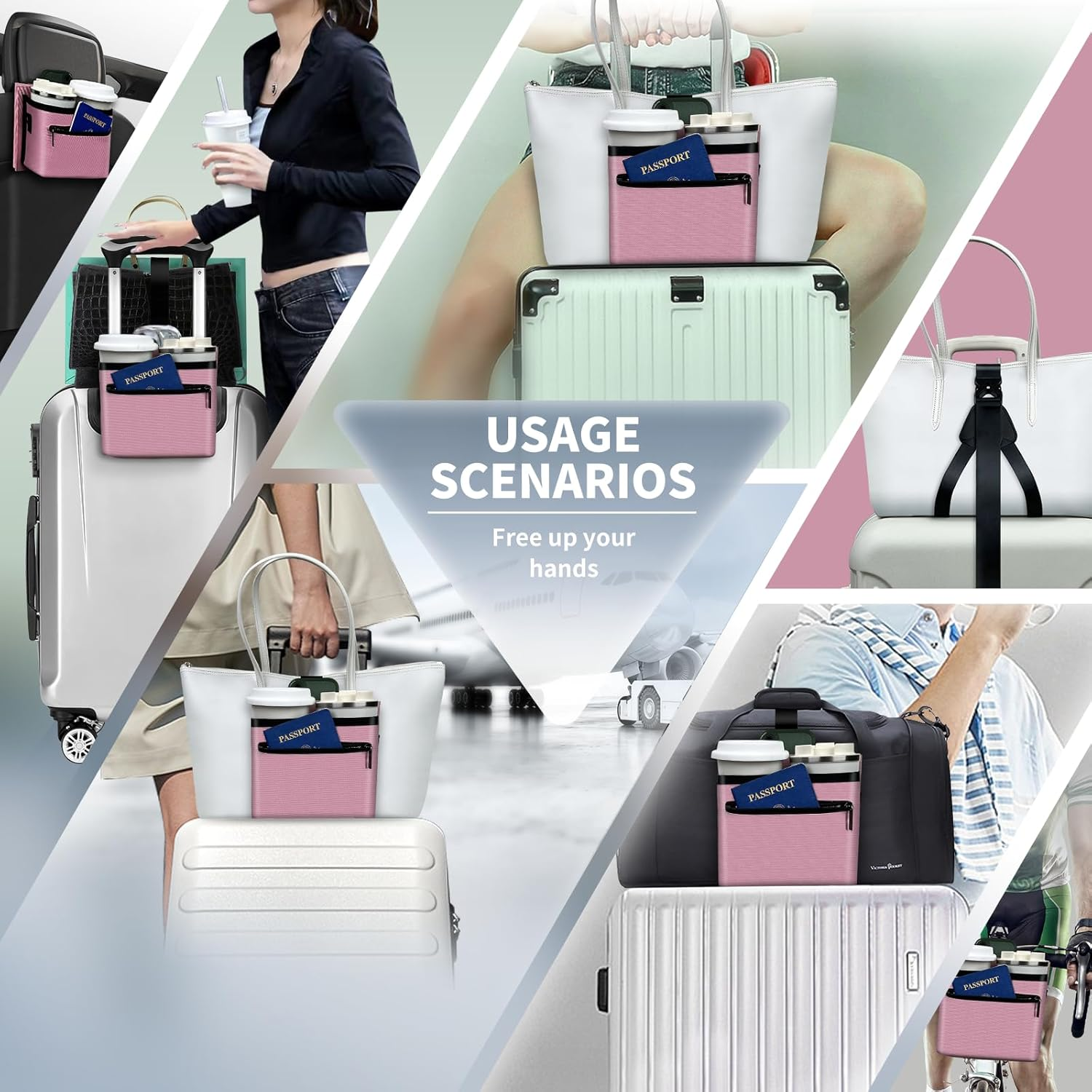 Vethers 3 in 1 Travel Luggage Cup Holder, Luggage Straps, Shoulder Bag for Suitcases Add a Bag，Convenient Travel Carry-On Accessories for Hands-Free Convenience (Pink) - Gray Magnet image number 7