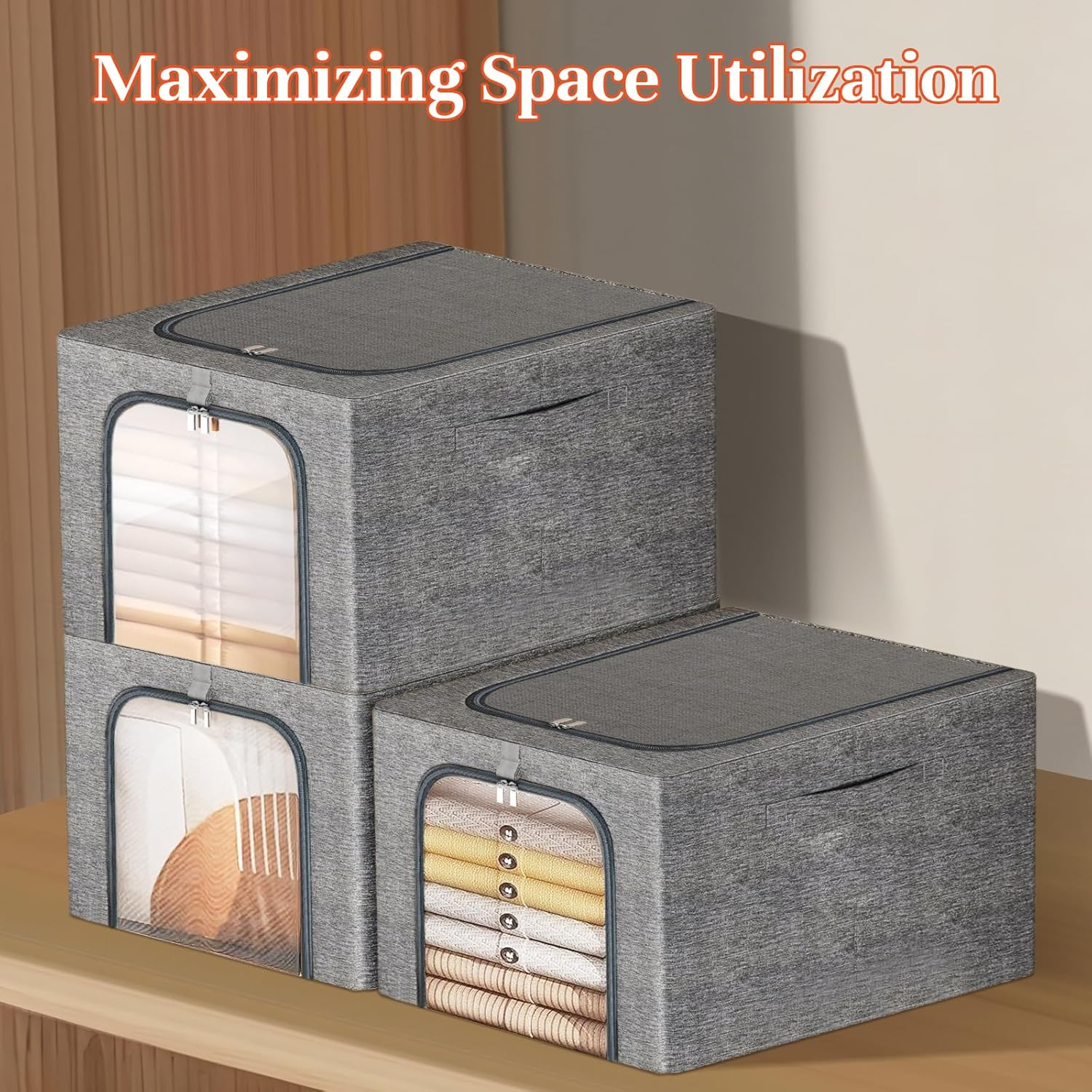 49L Clothes Storage Bags, 3 Pack Foldable Storage Bins Box with Metal Frame, Thick Stackable Closet Organizers Container Set with Handles Clear Window Cotton Linen(Grey) image number 6