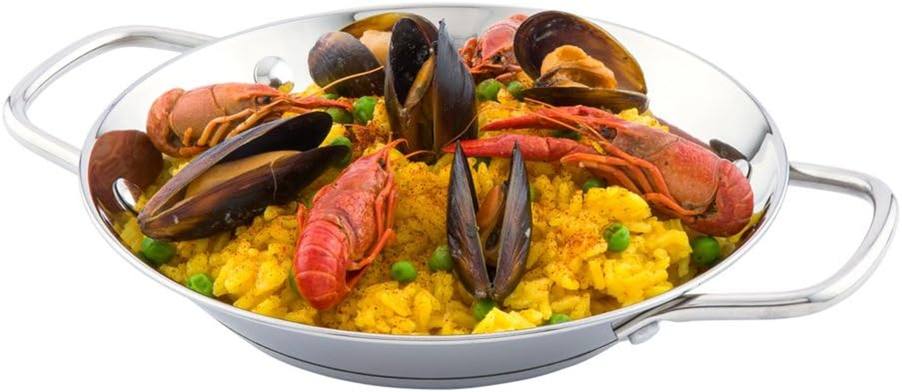 Restaurantware 10 Inch Spanish Paella Pan, 1 Induction Ready Paella Pan - Heavy-Duty, Riveted Handles, Silver Stainless Steel Spanish Pan, Dishwasher-Safe, Paella Cookware for Homes or Restaurants -