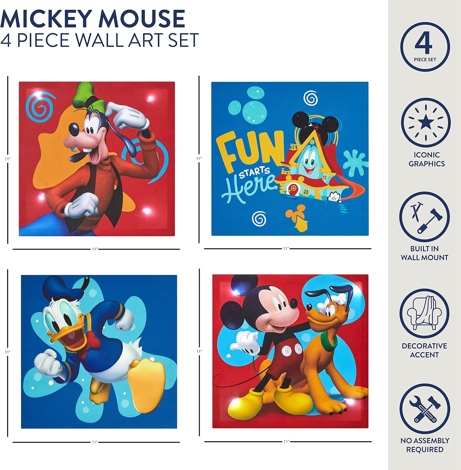 Idea Nuova Disney Mickey Mouse 4 Pack Canvas LED Wall Art Set,Childrens Wall Hanging D&eacute;cor,Each Piece 11"X11" image number 1