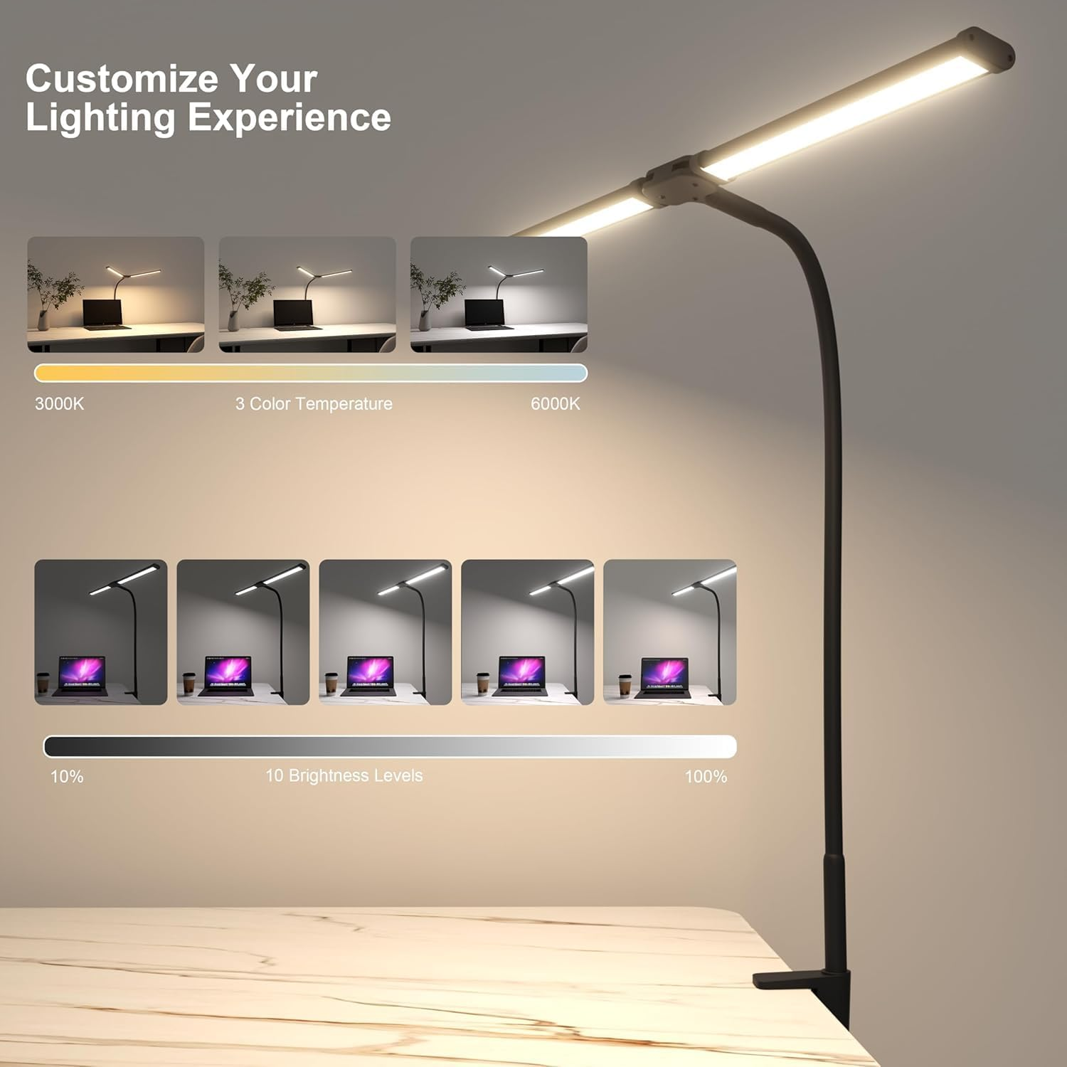 Adjustable LED Desk Lamp with USB Port &ndash; 12W Dual-Head Clamp Lamp, 3 Color Modes & 10 Brightness Levels &ndash; Eye-Caring Light for Office, Reading, Studying, Drafting, Sewing, Dorm Room image number 3