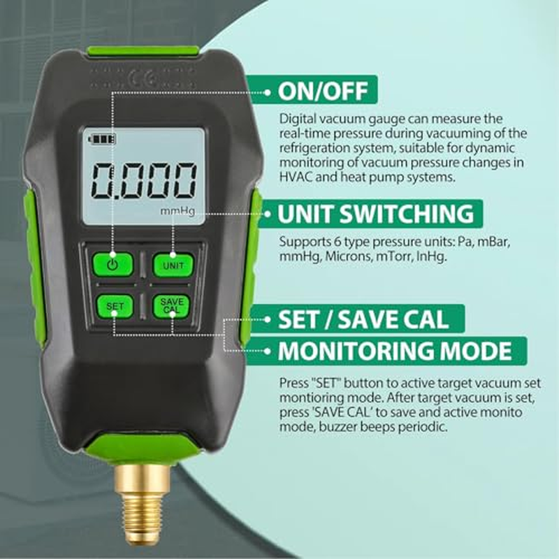 Digital Micron Vacuum 0‑10000Pa, Digital Pressure Tester Meter HVAC IP54 - Backlit Display, 7/16Inch 20UNF Interface for Atmospheric Environment image number 6