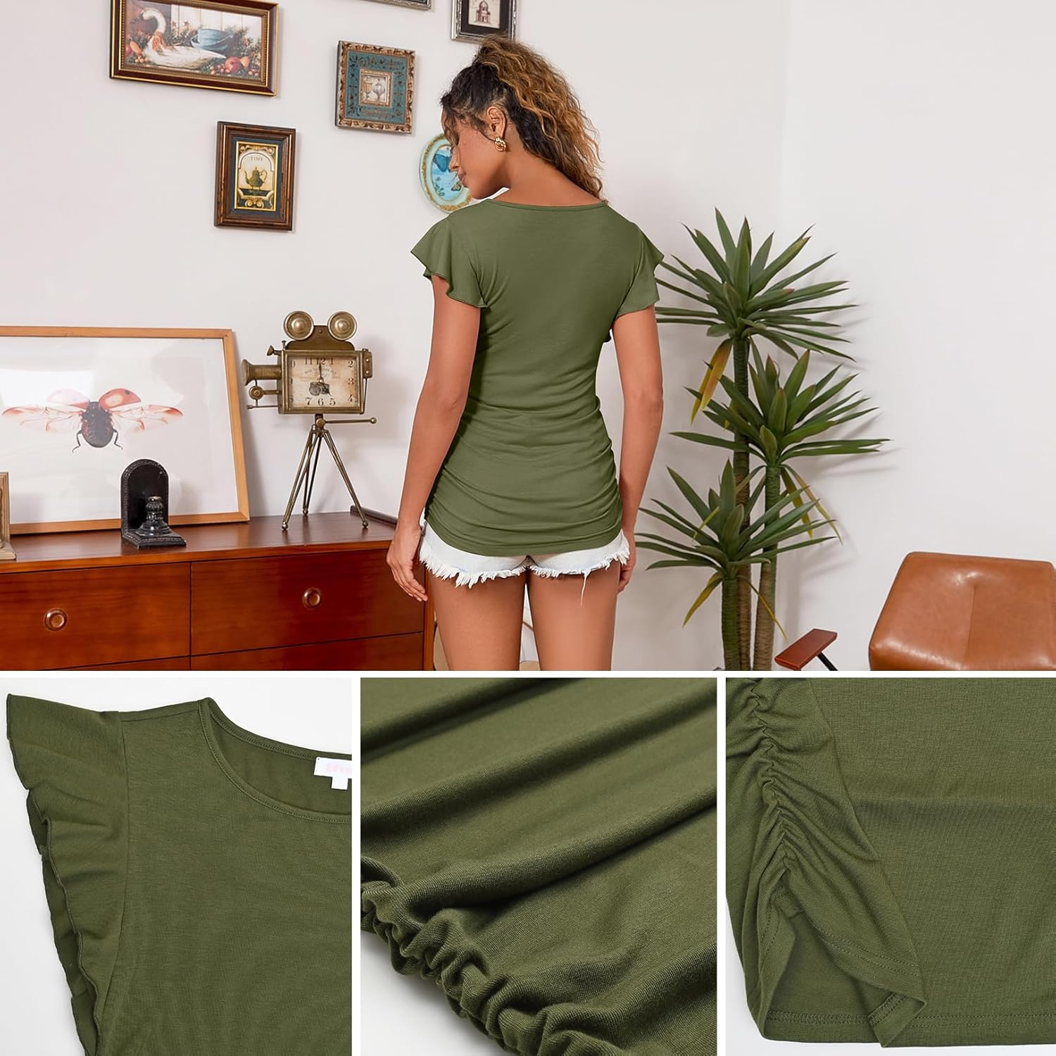 Bhome Maternity Tops Flying Shorts Sleeve Tshirt Side Ruched Pregnant Blouse Casual Pregnancy Tunic image number 7