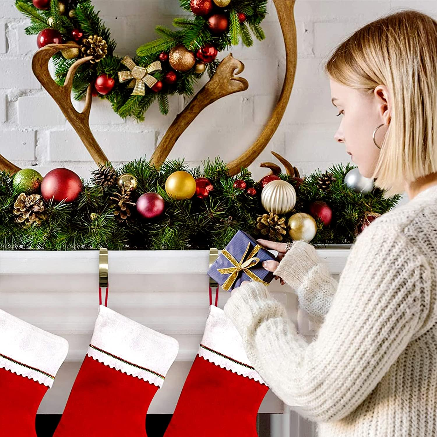 Stocking Holders for Mantle Set of 4 Christmas Stocking Hangers for Mantel Decor Hooks for Fireplace Mantle Freestanding image number 5