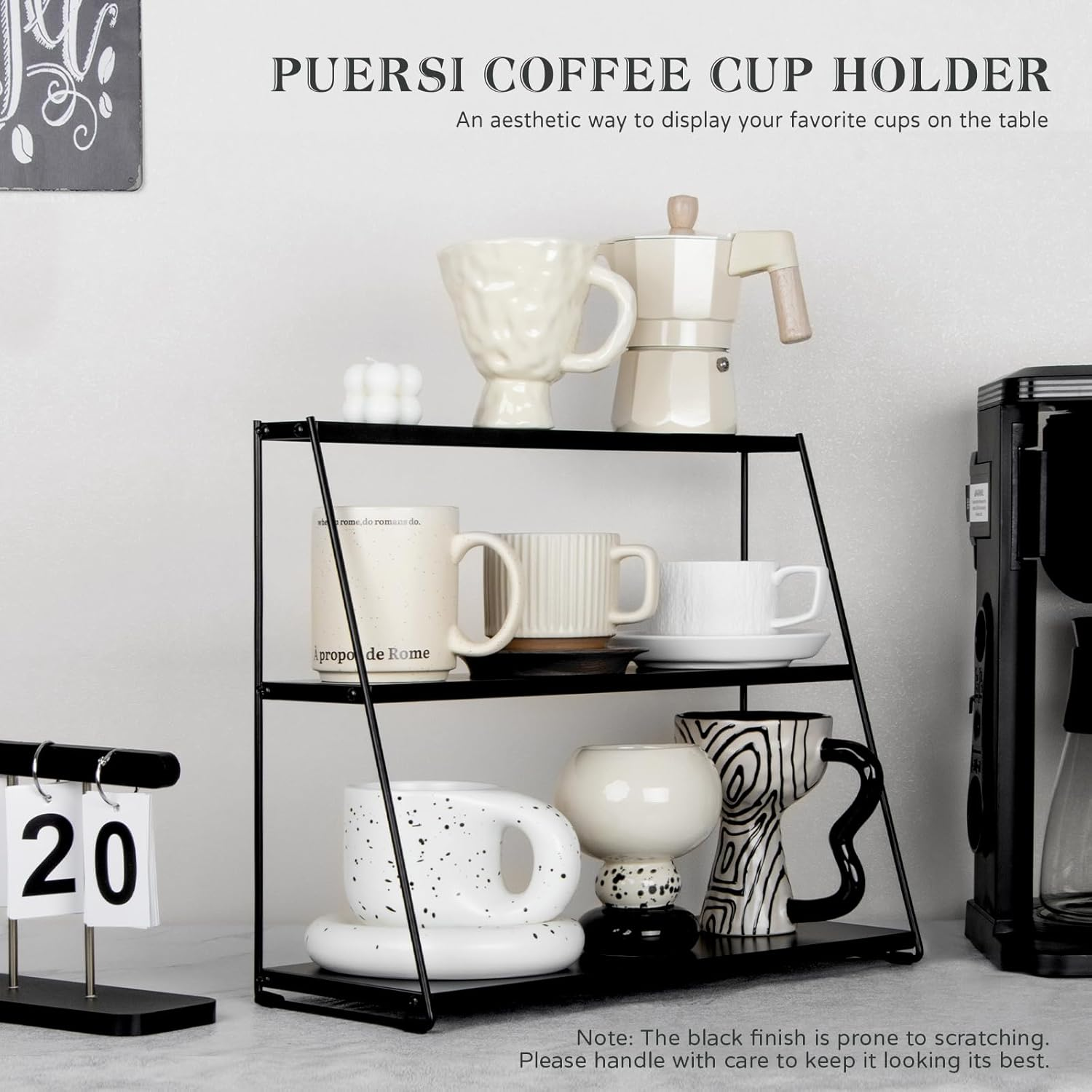 PUERSI Coffee Mug Holder, Mug Display Rack for Countertop, Metal Coffee Cup Holder, 3 Tier Mug Shelf for Coffee Bar, Coffee Station Accessories, Coffee Bar Organizer for Kitchen, Office, Home - Black image number 1