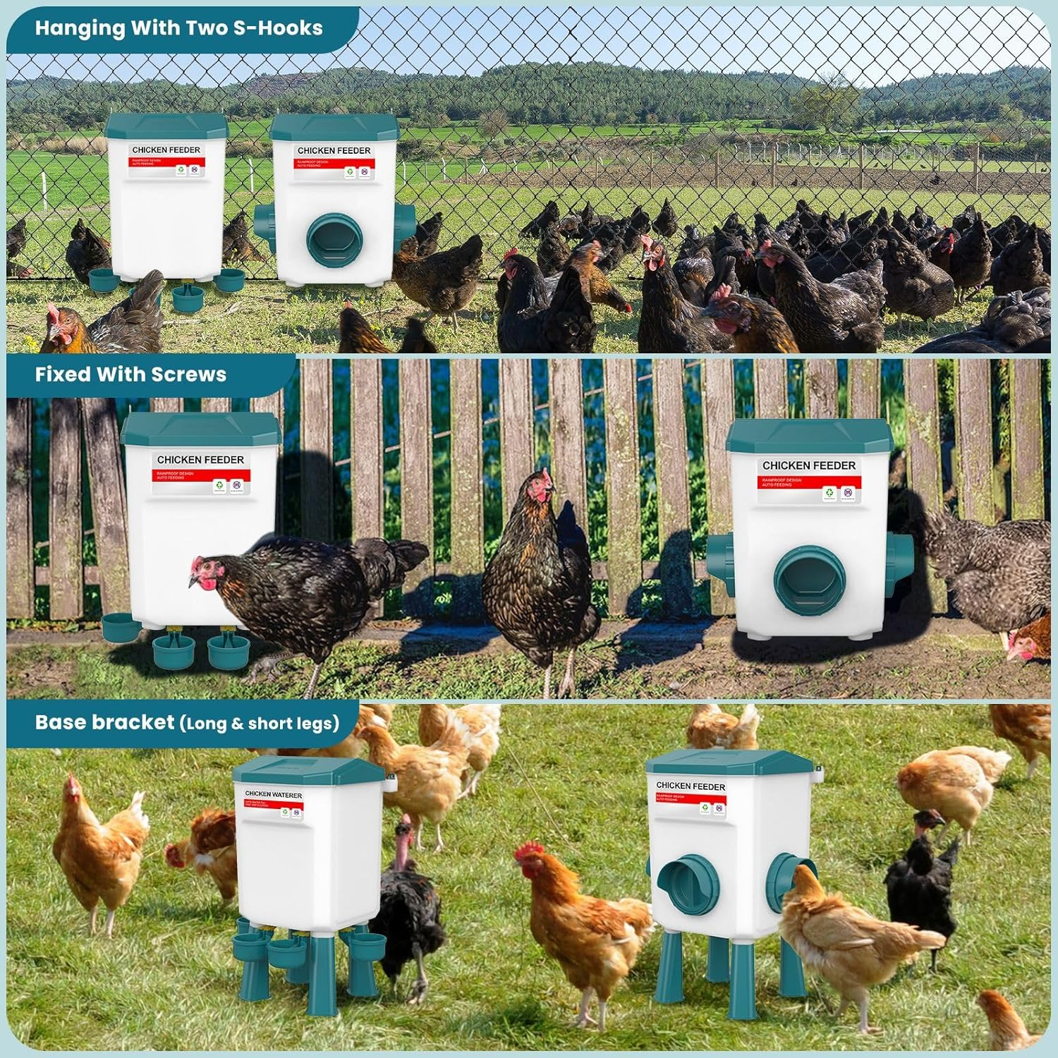 Chicken Feeder and Waterer, Hanging Poultry Feeding, Chicken Coop Accessories, Large Capacity 12KG + 11L Waterer Feeder Set, Automatic Chick Feeder and Waterer Set (Blue) image number 3