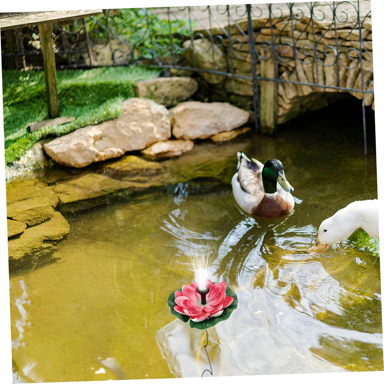 Balacoo Solar-Powered Floating Water Fountain Lotus Leaf Design Outdoor Garden Pond Decoration 7V 1.2W Cherry Red Flower Floating Pool Fountain for Landscape Water Features image number 3