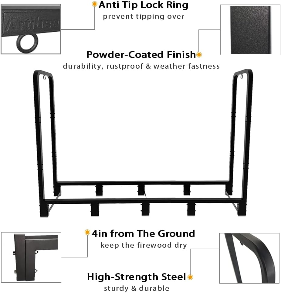 Artibear 8Ft Outdoor Firewood Rack, Upgraded Heavy Duty Logs Stand Stacker Holder for Fireplace - Metal Lumber Storage Carrier Organizer, Bright Black image number 4