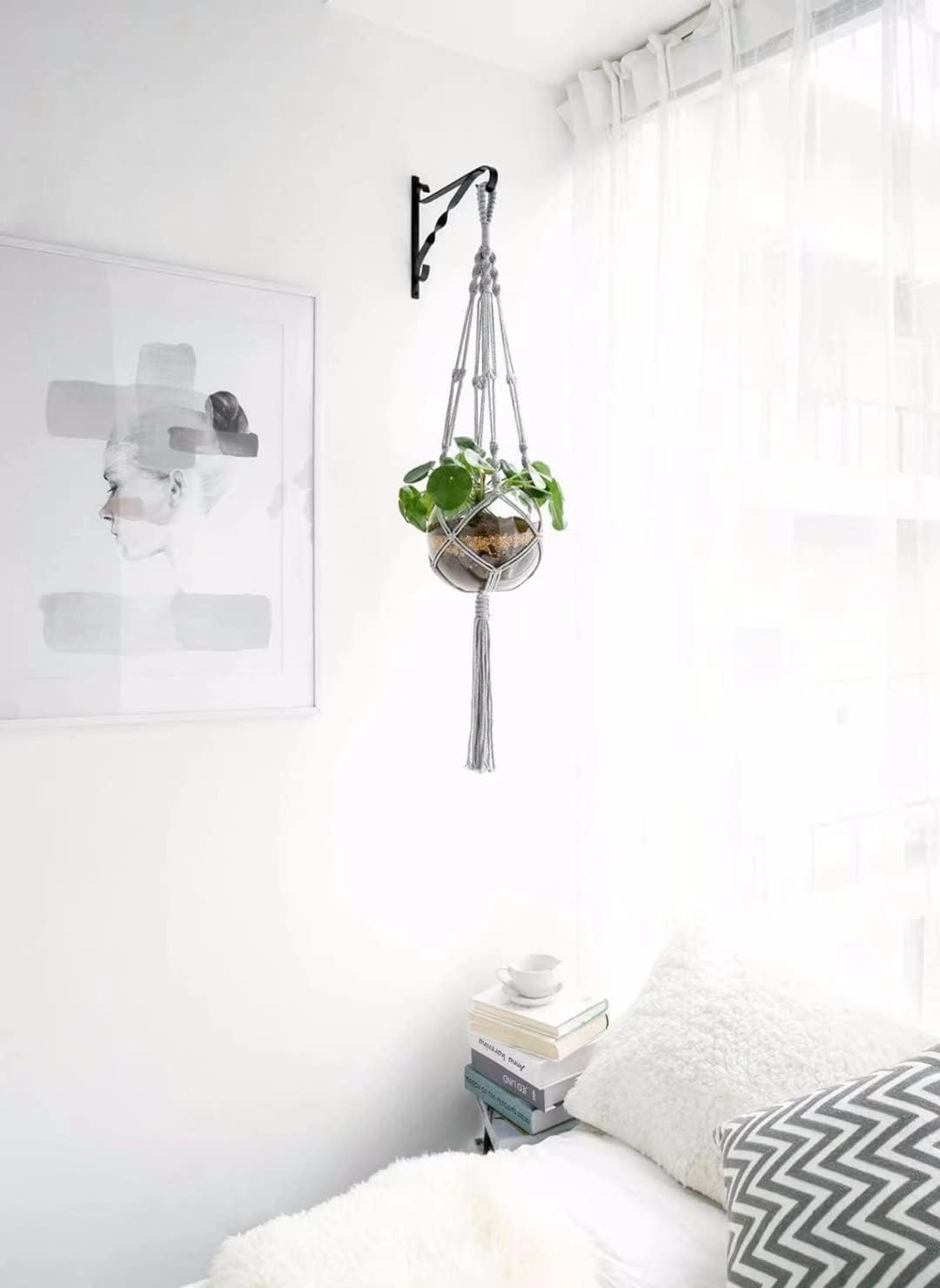 Macrame Plant Hanger 3 Pack Indoor Outdoor Hanging Planter Basket Rope 41 Inch Wall Hanging Planters Basket Cotton Rope No Beaded Tassel Ceiling Plant Hanger with 6 Hooks Boho Home Terrace Decor -Grey image number 4