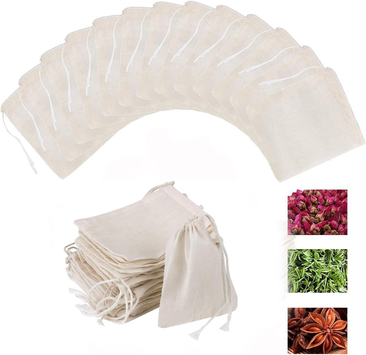 50Pcs Drawstring Bags for Straining,3.9*5.9Inches,Unbleached Cotton Straining Bag for Coffee Tea Filter,Soup Gravy Broth Stew Bags Natural Cotton Fine Mesh Filter Bags,Reusable Fine Mesh Filter Bags image number 3