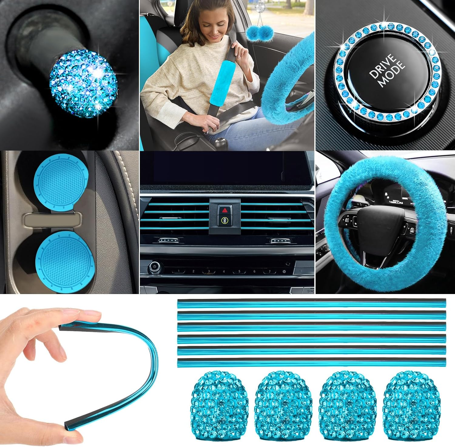 ROCEEI 47 Pcs Car Seat Cover Full Set Car Accessories for Front Rear Seat Fluffy Steering Wheel Cover Belt Automotive Floor Mats Air Conditioner Decoration Strip(Lake Blue)