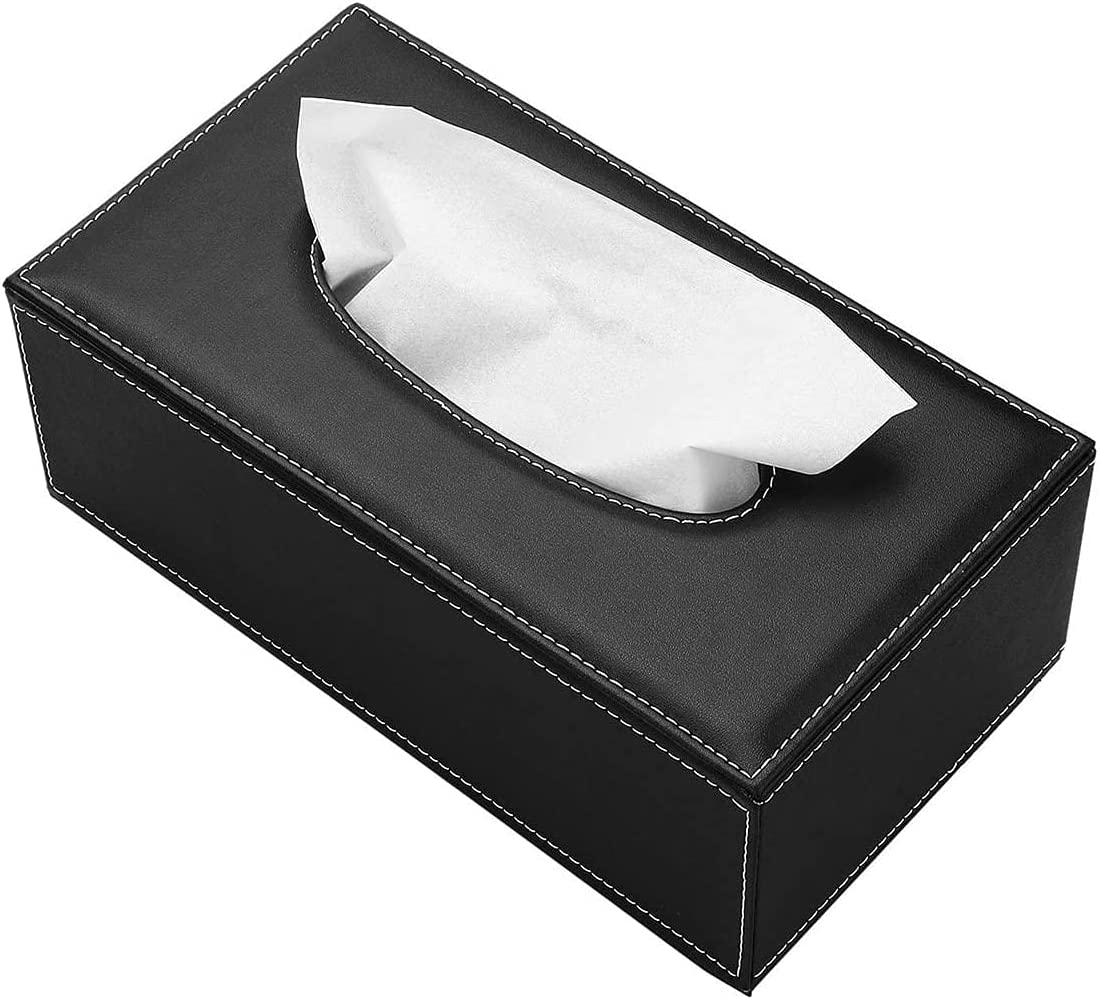 Uandhome Leather Tissue Box, Black Rectangle Tissue Paper Holder Box Cover Napkin Organizer Holder Home Kitchen Storage Room Office Car Decoration image number 2