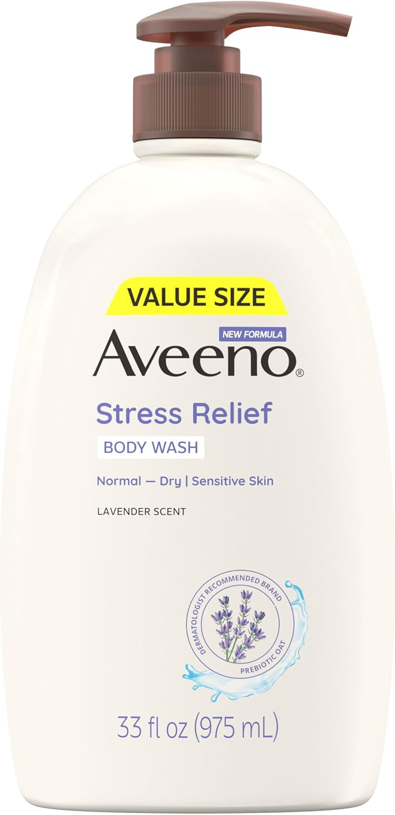 Aveeno Stress Relief Body Wash with Nourishing Oat & Lavender Scent for Sensitive Skin, Gently Cleanses & Helps You Feel Calm & Relaxed in the Shower, Soap-Free, 33 Fl. Oz
