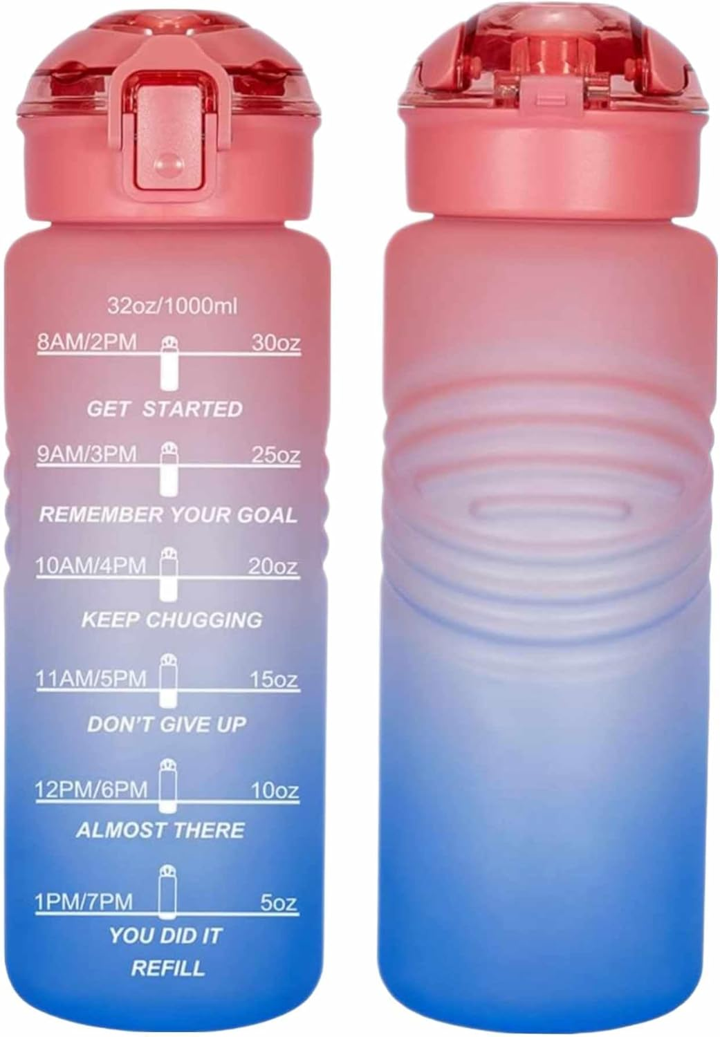 Motivation Gradient Water Bottle, 1L, Tea Compartment, Time Marker, Push Button Leakproof, Bpa-Free Frosted Plastic, Large Capacity, Hidden Bail, Fitness, Gym, Outdoor Sports (Pink)