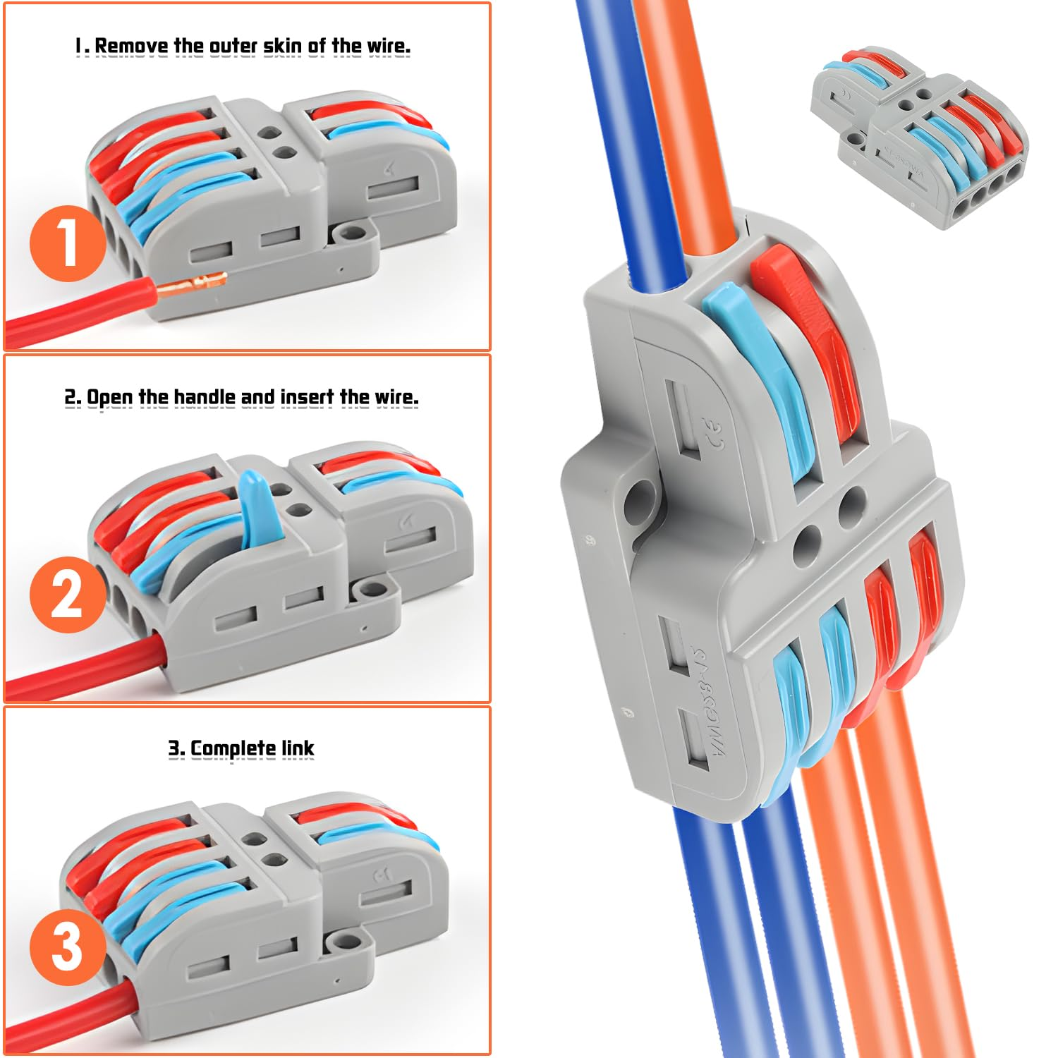 Lever Wire Connector,7 Pcs Universal 2 in 4 Out Conductor Combination Compact Electrical Insulated Terminals,Quick Disconnect Compact Splicing Connectors for Circuit Inline image number 6