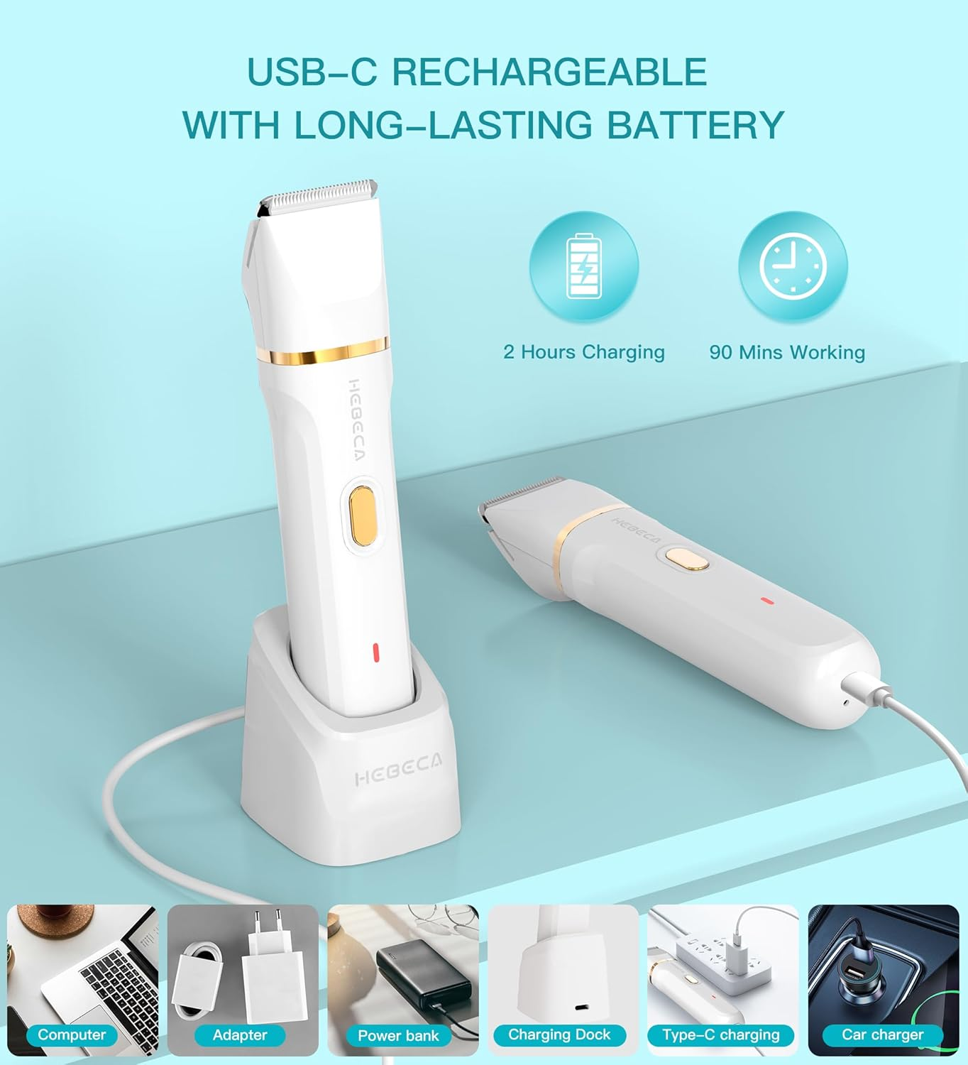 HEBECA Bikini Trimmer for Women, 3In1 Electric Razor for Women with Facial Trimmers & Intimate Shaver for Sensitive Skin, Waterproof Wet & Dry Use Rechargeable Pubic Hair Trimmer Removal image number 6