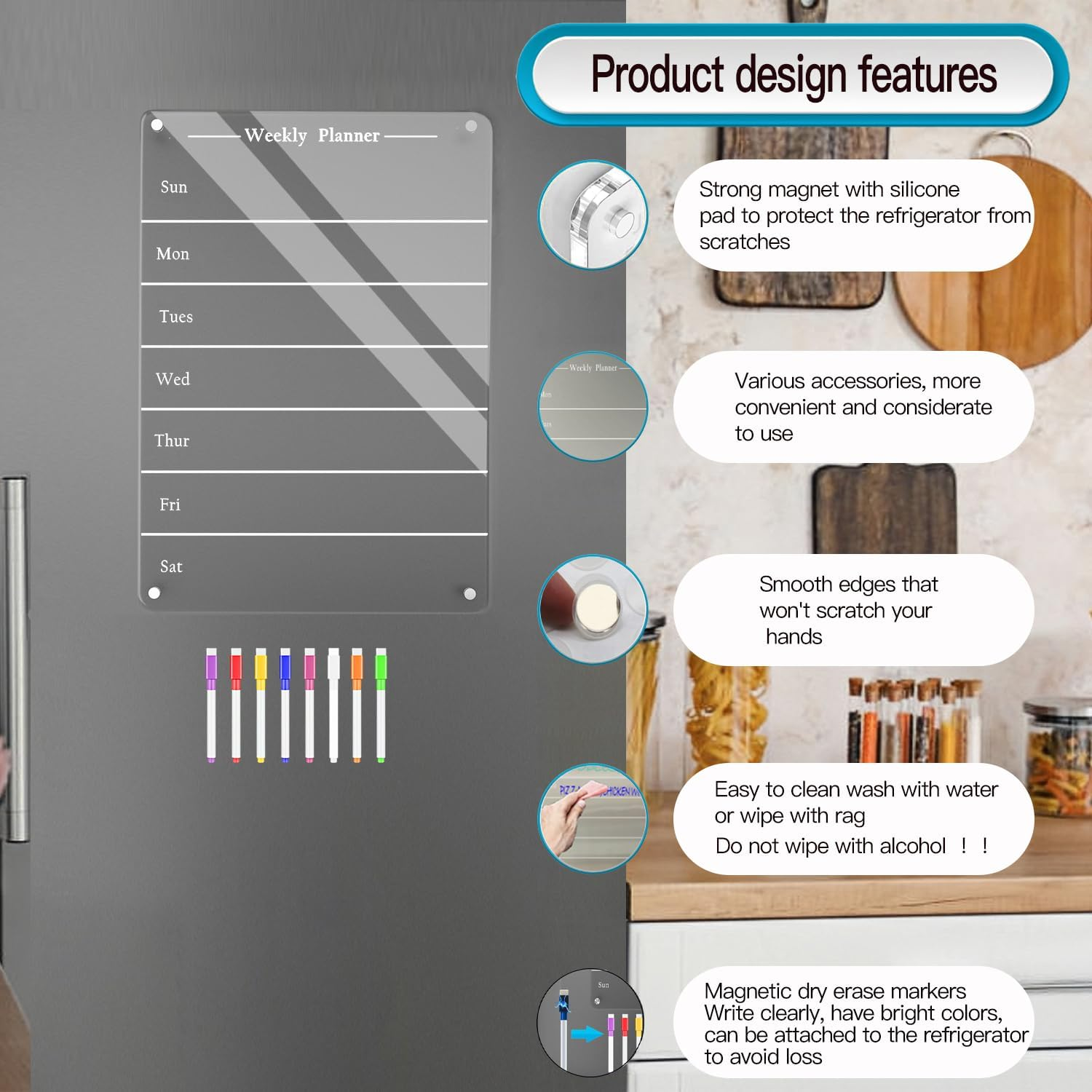 Todkoding 9"X13" Clear Weekly Meal Planner Magnetic Acrylic Board,Acrylic Magnetic Dry Erase Board for Fridge, Magnet Week Calendar for Refrigerator Includes 6 Colors Markers and Pen Container image number 1