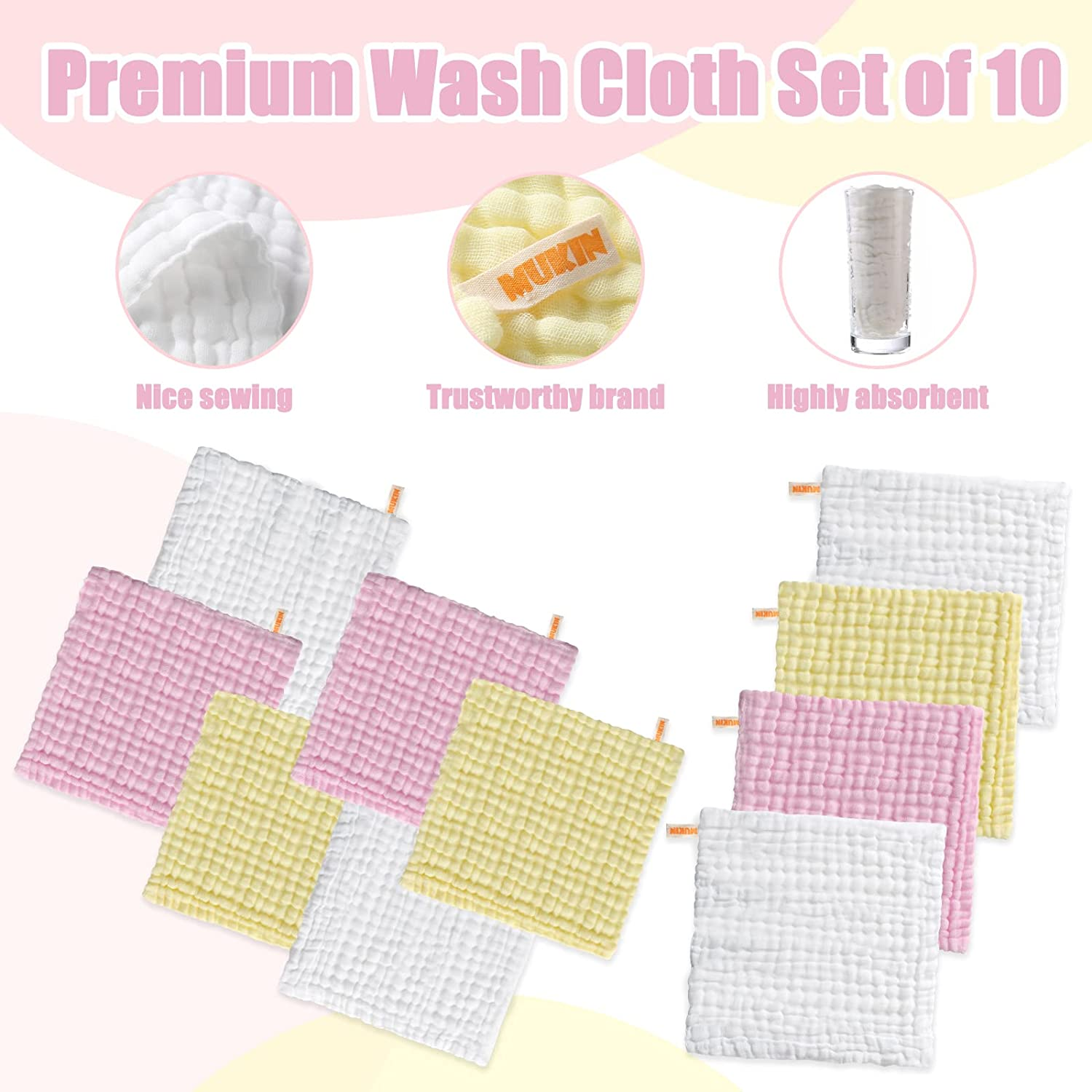MUKIN Baby Washcloths - Natural Cotton Baby Wipes - Soft Newborn Baby Face Towel for Sensitive Skin- Baby Registry as Shower, 10 Pack 12X12 Inches (Pink,Yellow,White) - Pink,Yellow,White image number 4