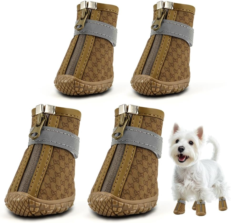 Dog Shoes for Small Dogs Boots, Waterproof Dog Booties Paw Protector for Outdoor Walking, Puppy Shoes with Reflective Strips Rugged Anti-Slip Sole for Hardwood Floors Hot Pavement Winter Snow 4Pcs/Set