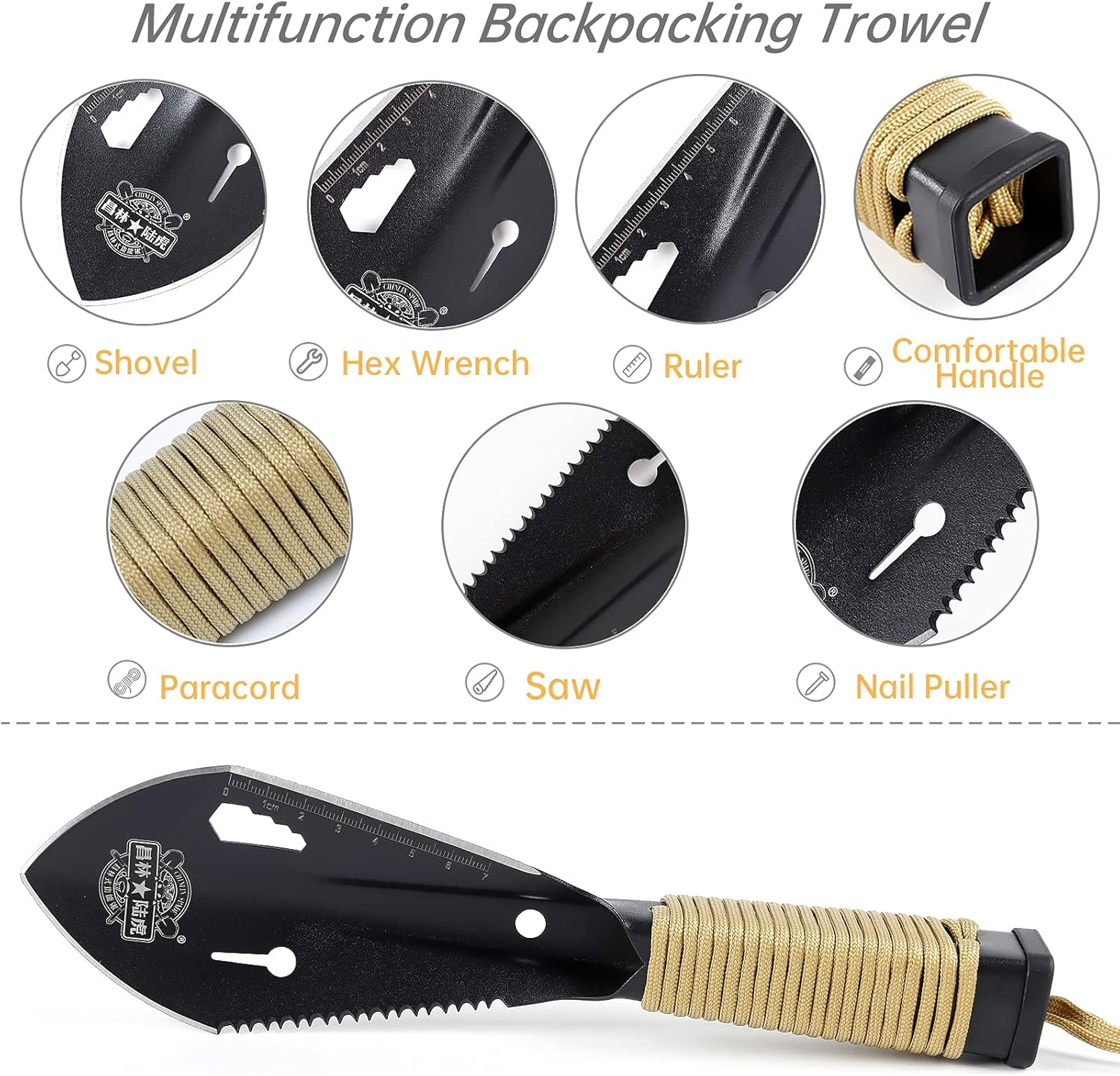 Camping Shovel, Backpacking Trowel Multitool Hand Garden Spade Small Potty Shovel with Paracord Handle for Outdoor, Gardening, Digging image number 5