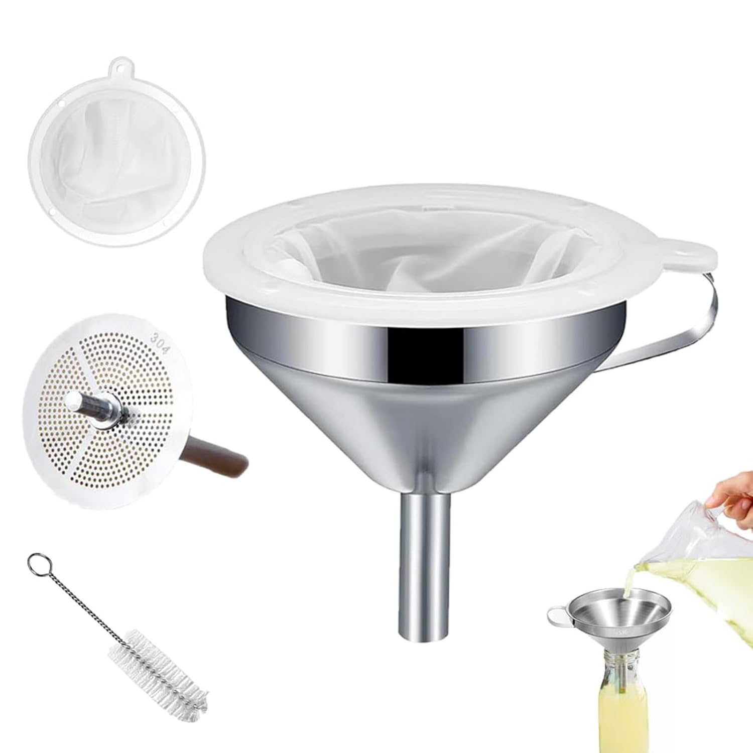 Funnels Stainless Steel Kitchen 13 Cm with Handle, Detachable 200 Mesh Food Strainer and Stainless Steel Filter Strainer, Cleanning Brush for Filter Liquid, Oils, Powder, Juice, Jam image number 2