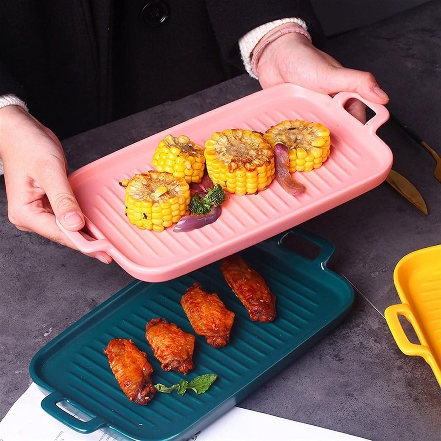 Bliss Gifts & Homewares Ceramic Baking Dish I Rectangular Bakeware with Handles I Ribbed Design Elegant Casserole Plates I Pan for Oven Roasting Lasagna, Baking, Cooking, Cake Dinner - 30X15.5Cm (Pink)