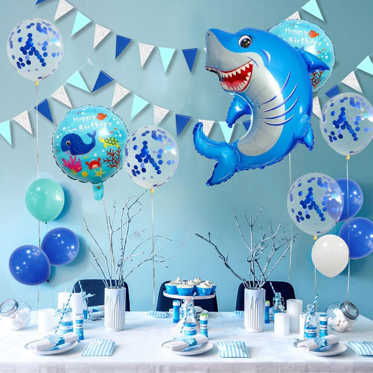 22Pcs Ocean Shark Themed Party Decorations, Blue Shark Balloons, Happy Birthday Balloons, Birthday Party, Undersea Balloons Supply