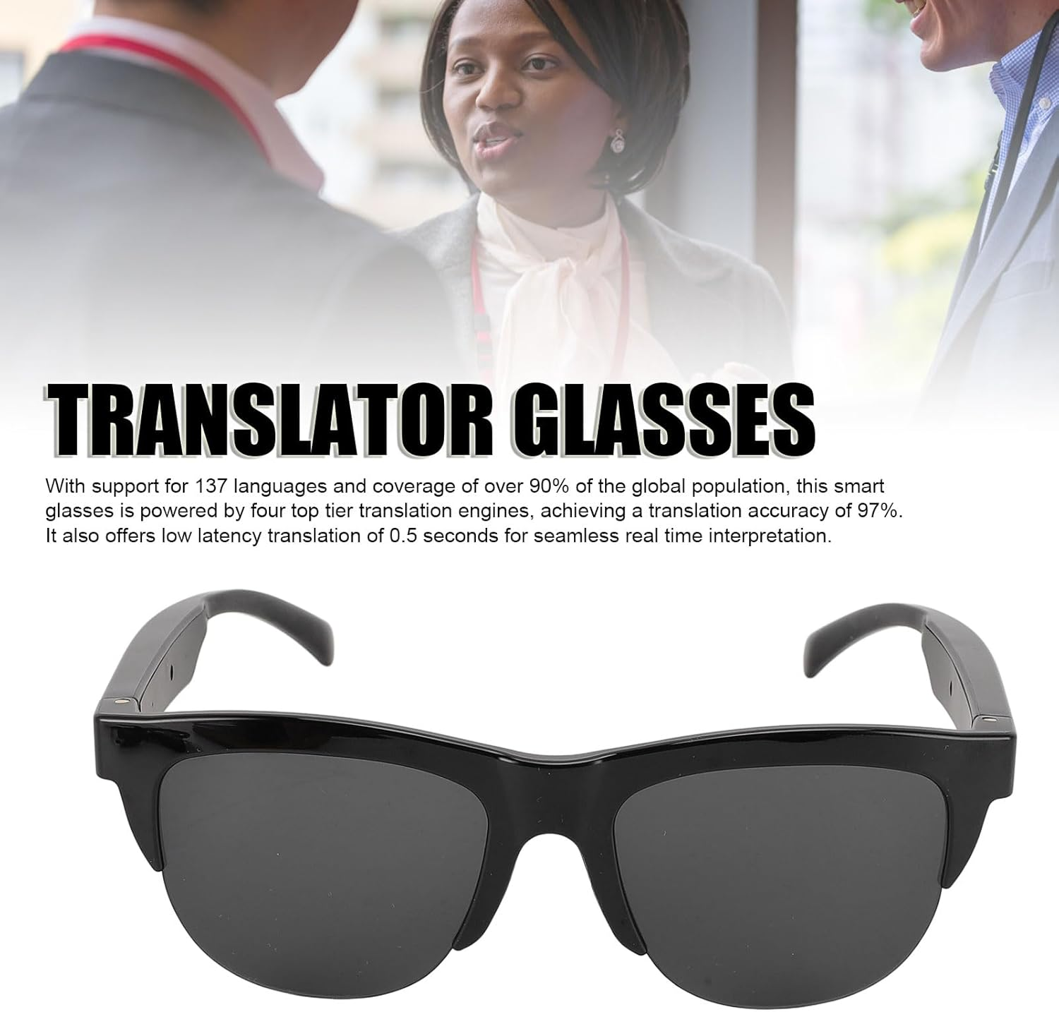 Translator Smart Glasses, 137 Languages Translation Device 97% Accuracy, TR90 PC UV400 Open Directional Bluetooth Translator Glasses with Dual Mic image number 5