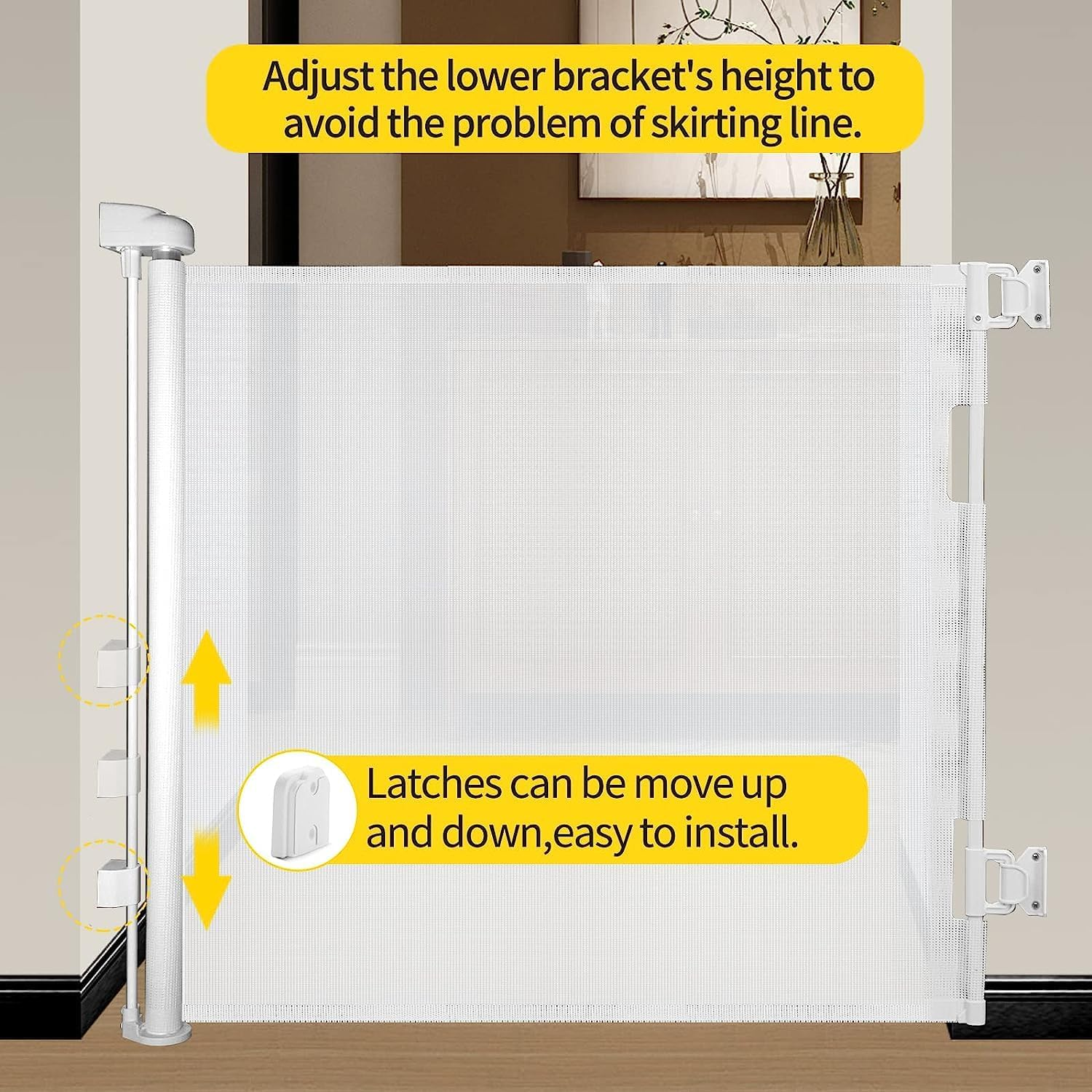 ZONEY Retractable Baby Gate, Baby Gate or Mesh Dog Gate, 33" Tall, Extends up to 55" Wide, Child Safety Gate for Doorways, Stairs, Hallways, Indoor/Outdoor (33"X55") (White, 33"X55"(150 * 86Cm)) - White image number 3