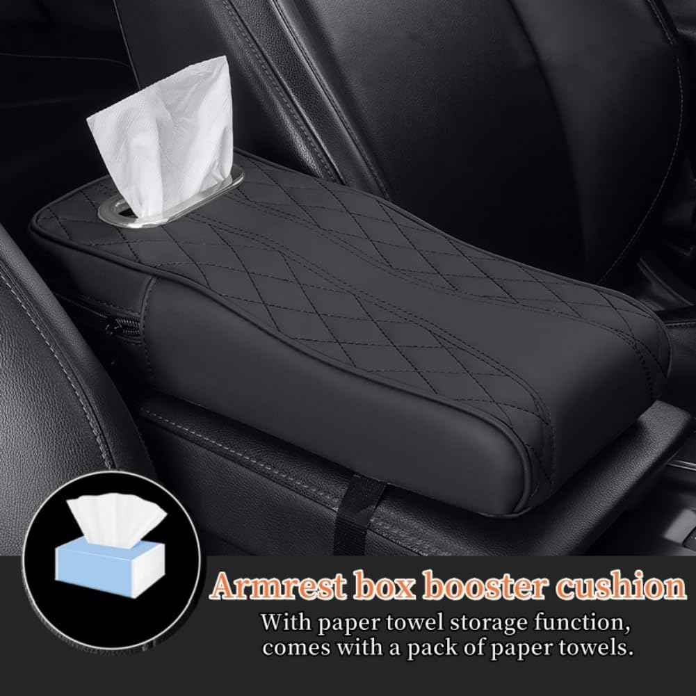 Car Armrest Cover Car Center Console Pad Leather Car Armrest Cover Diamond Pattern Memory Foam Soft and Breathable Tissue Storage Universal Armrest Pad Suitable for Most Cars Black image number 6