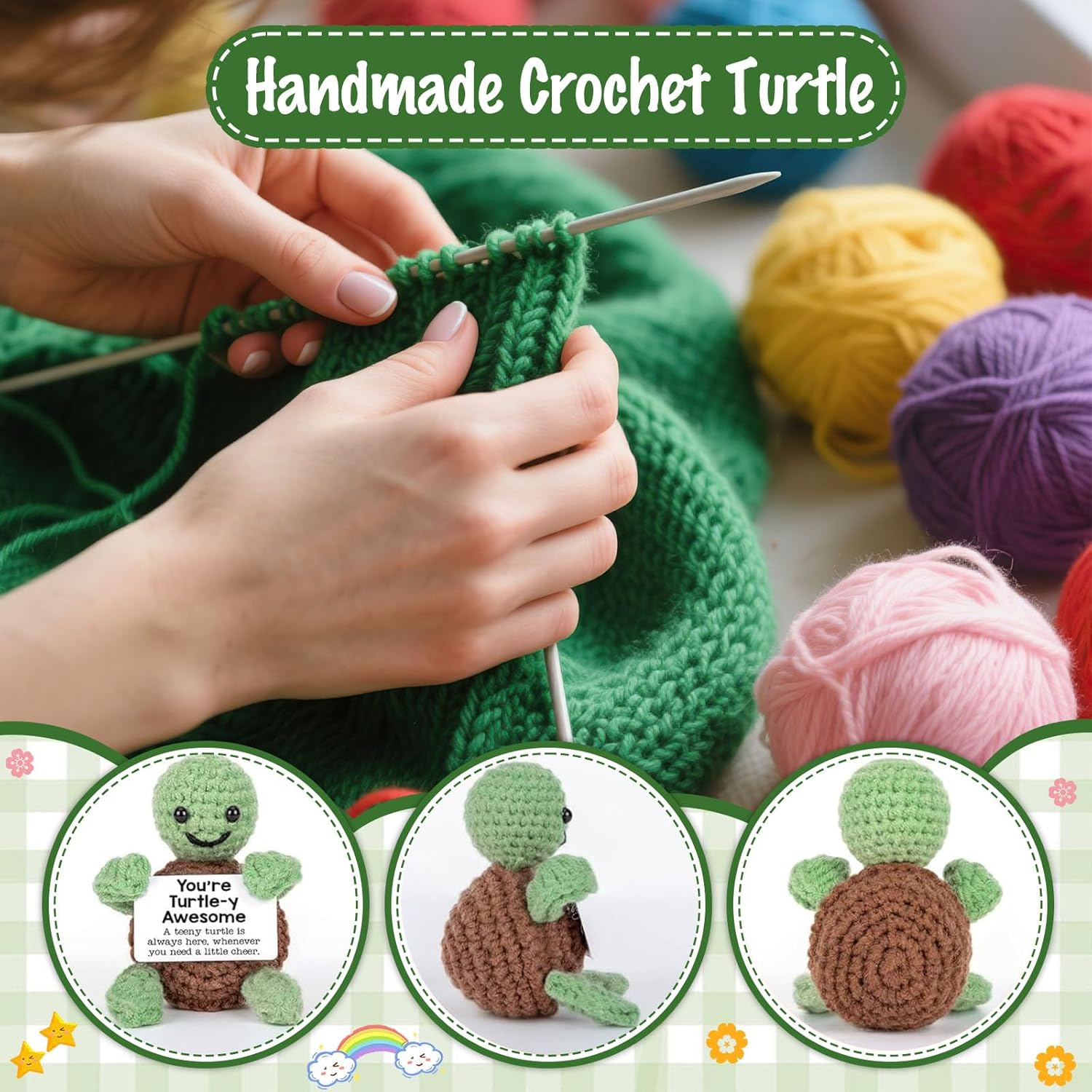 Mini Postive Crochet Funny Gift, 2PCS 3 Inch Cute Crochet Sunflower Pot Desk Decoration Toy with Positive Card for Dad Father Women Mom Best Friend Teacher Fall (Sunflower & Turtles) image number 3