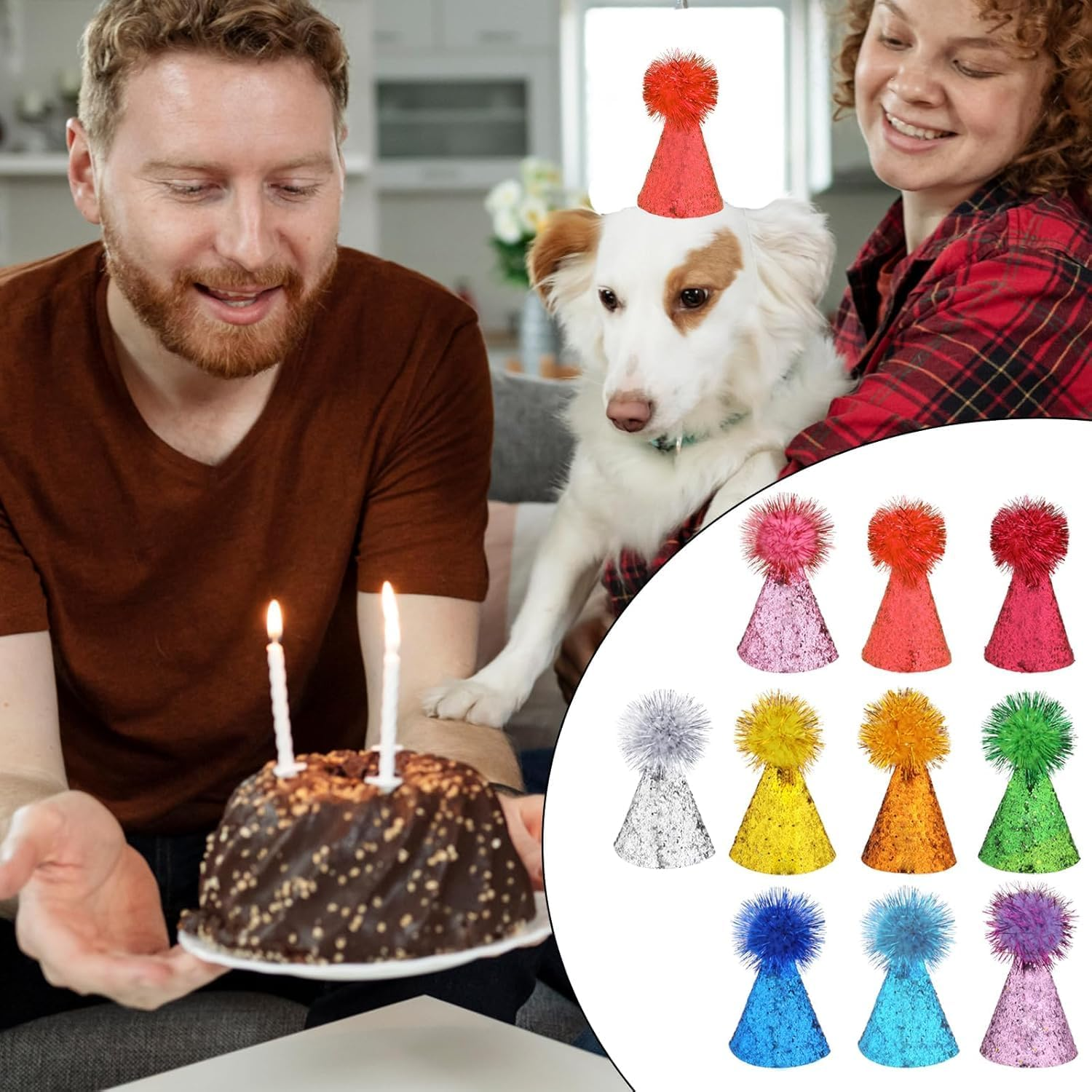 10 Pcs Pet Birthday Hat - Adjustable Mini Party Hats for Dogs, Cats, Rabbits & Small Animals, Multi-Color Cute Birthday Hats for Kittens & Stuffed Animals Friends Celebration image number 1